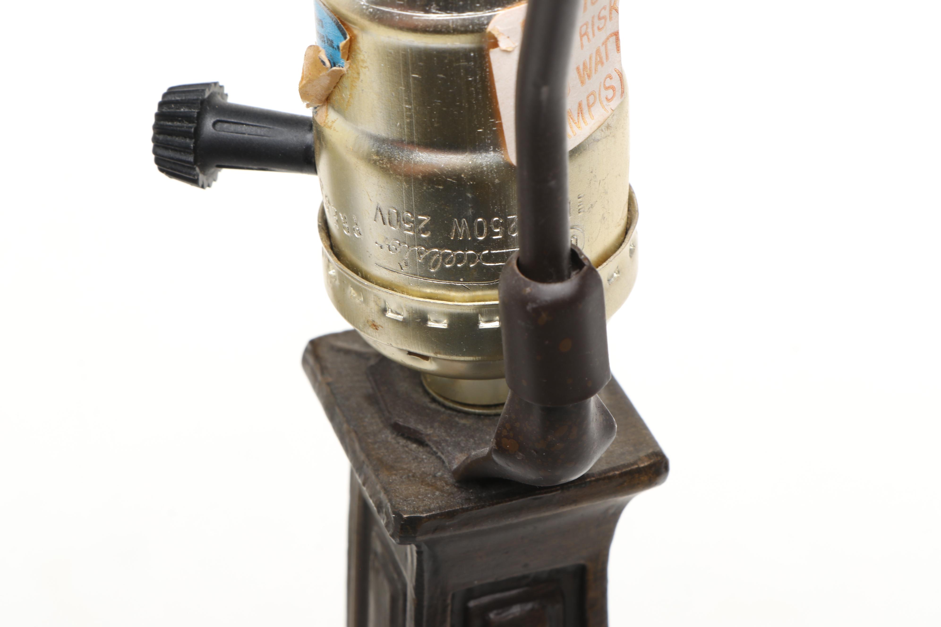 Dale Tiffany Mission Style Metal Lamp with Iridescent Slag Glass Shade, Overlay