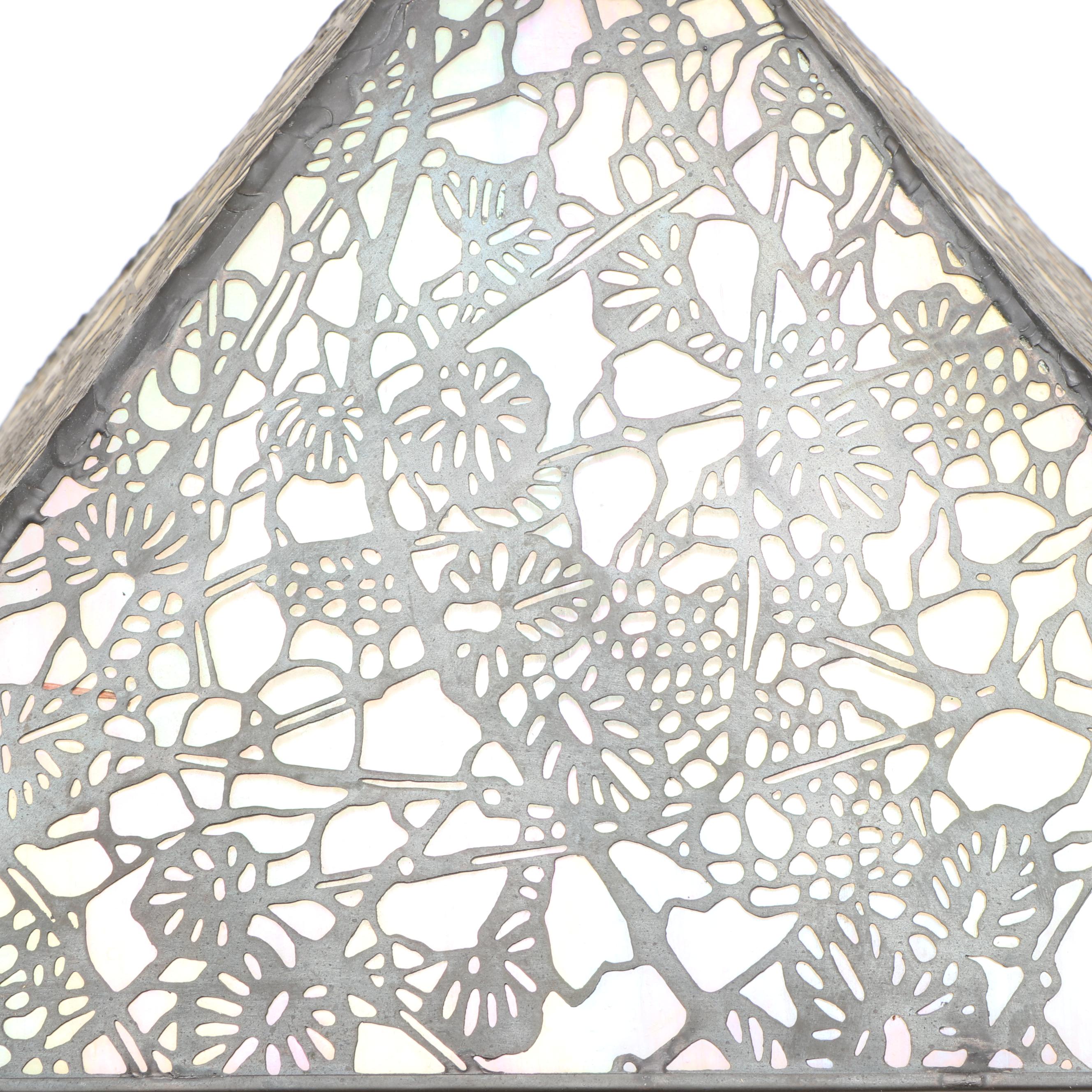 Dale Tiffany Mission Style Metal Lamp with Iridescent Slag Glass Shade, Overlay