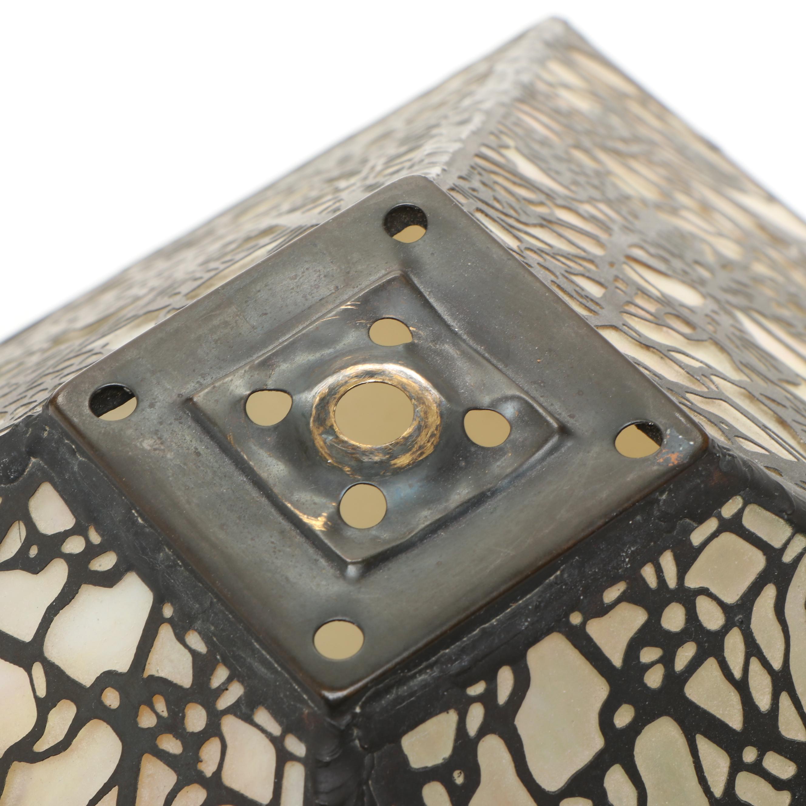 Dale Tiffany Mission Style Metal Lamp with Iridescent Slag Glass Shade, Overlay