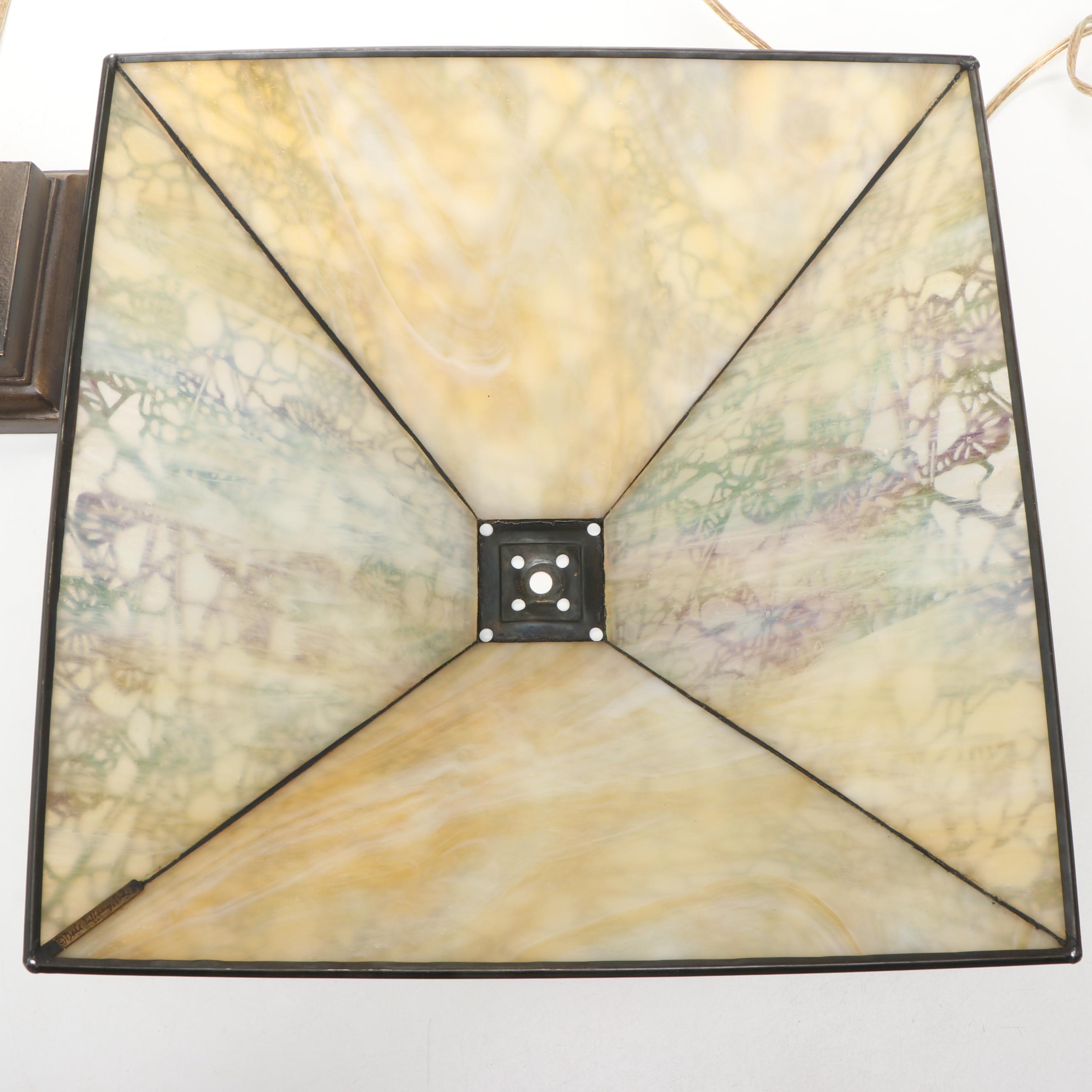 Dale Tiffany Mission Style Metal Lamp with Iridescent Slag Glass Shade, Overlay