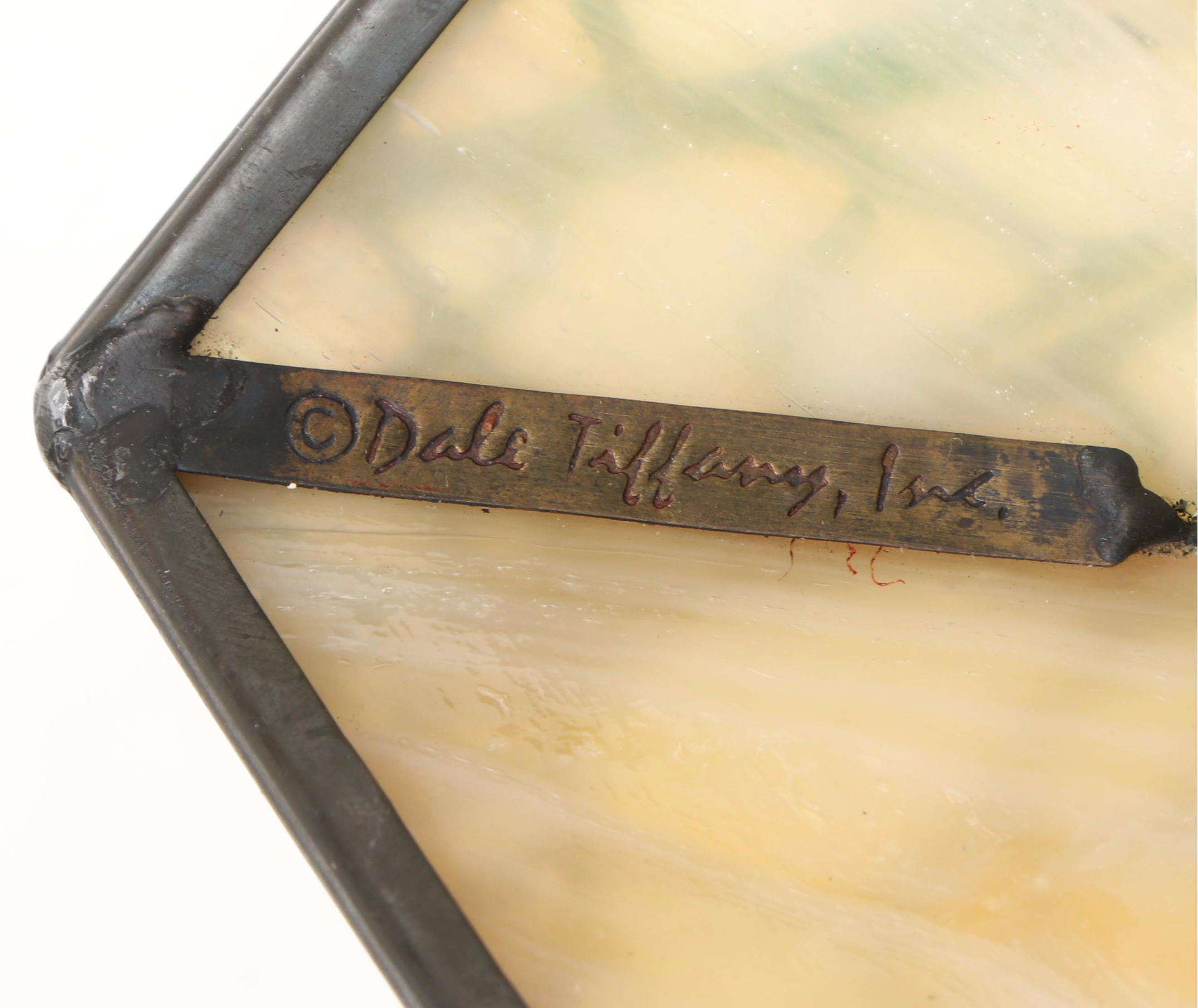 Dale Tiffany Mission Style Metal Lamp with Iridescent Slag Glass Shade, Overlay