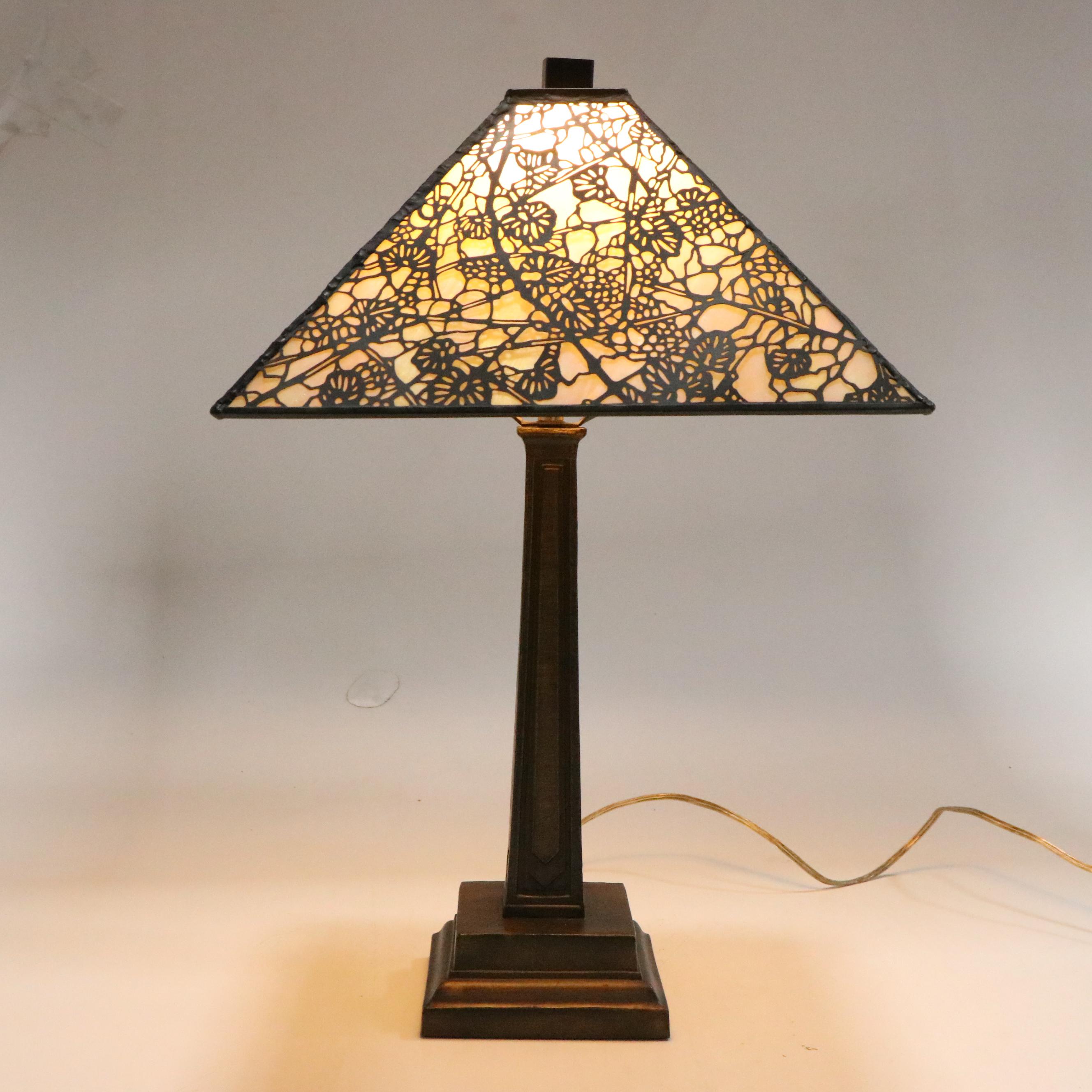 Dale Tiffany Mission Style Metal Lamp with Iridescent Slag Glass Shade, Overlay