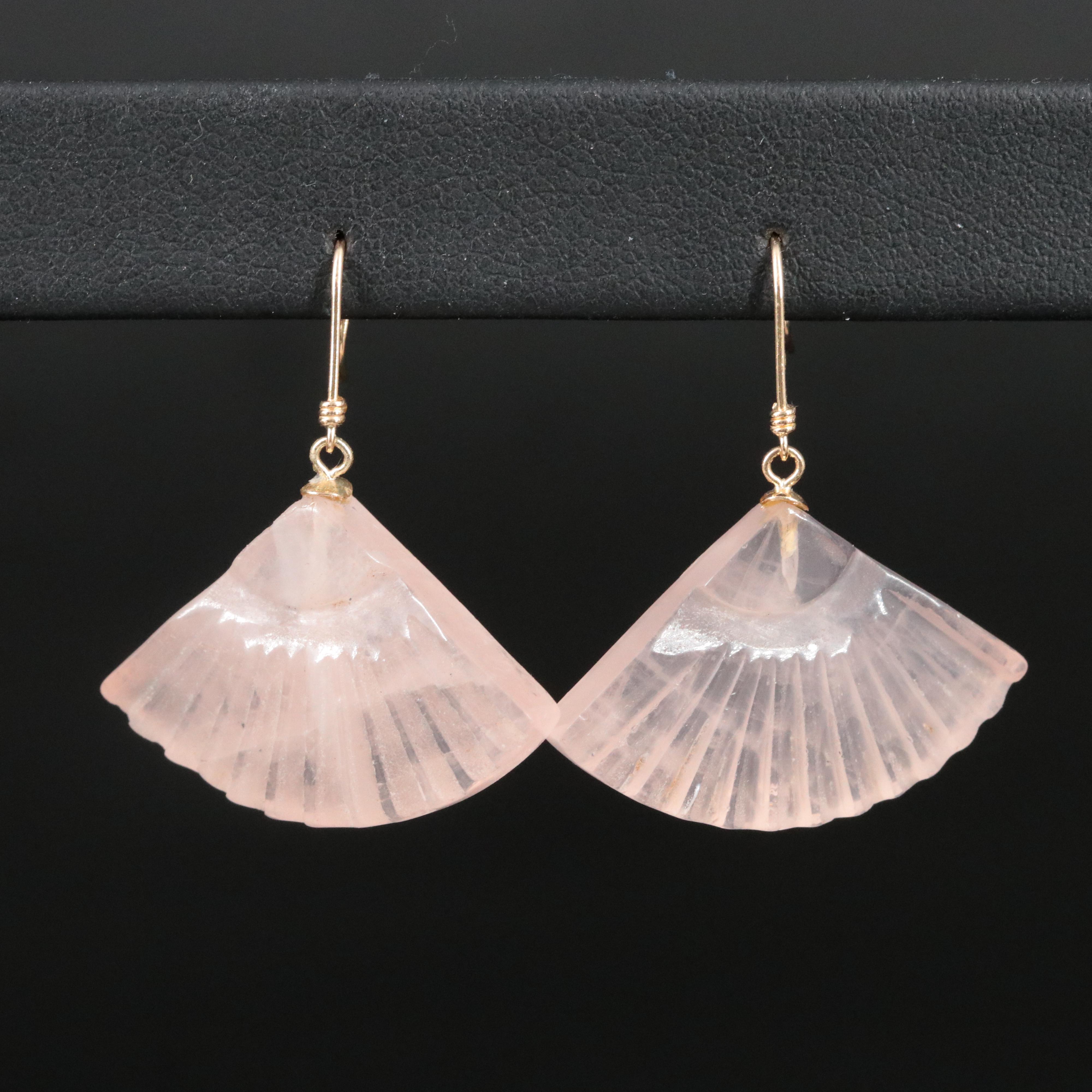 Carved Rose Quartz Fan Earrings with 14K Earwires