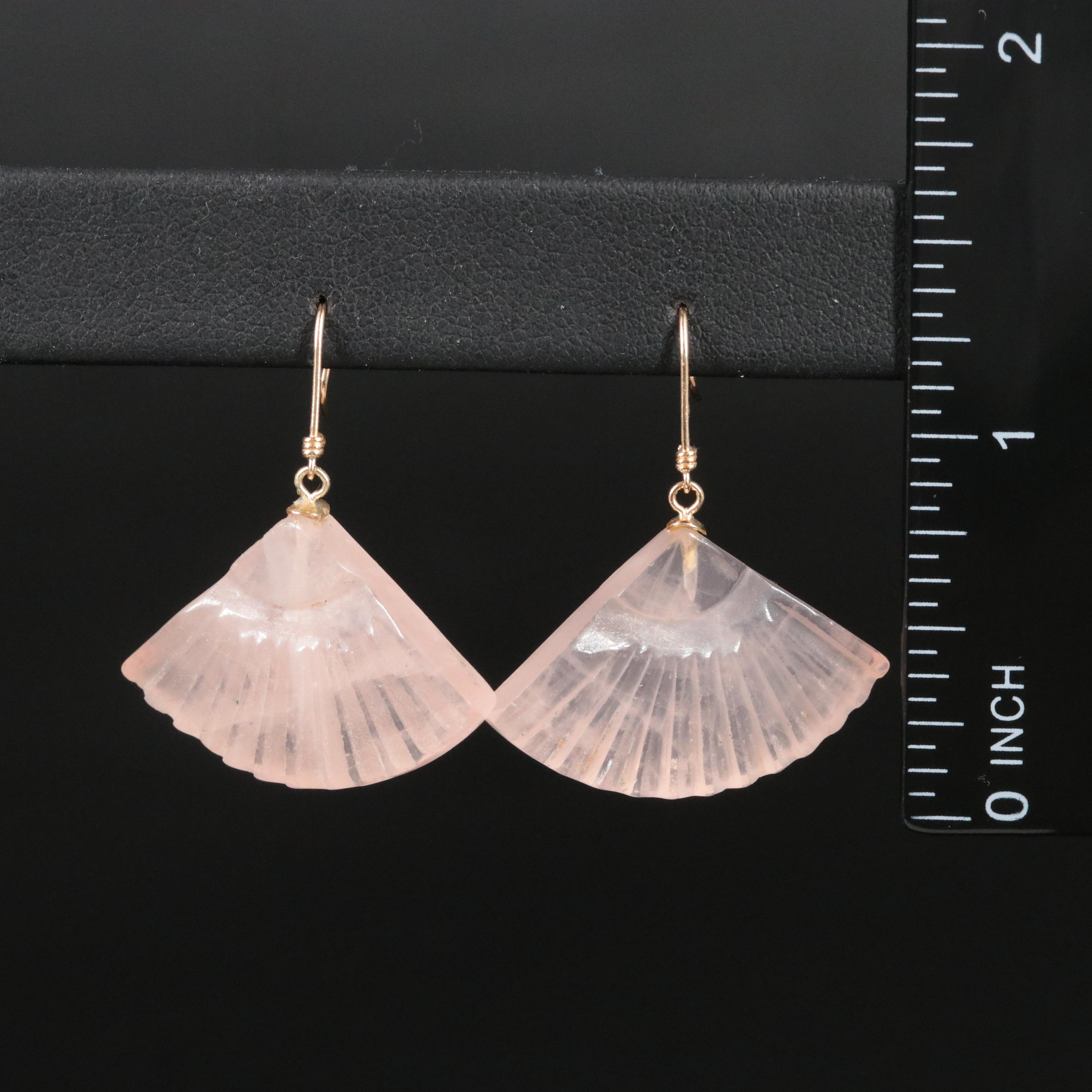 Carved Rose Quartz Fan Earrings with 14K Earwires