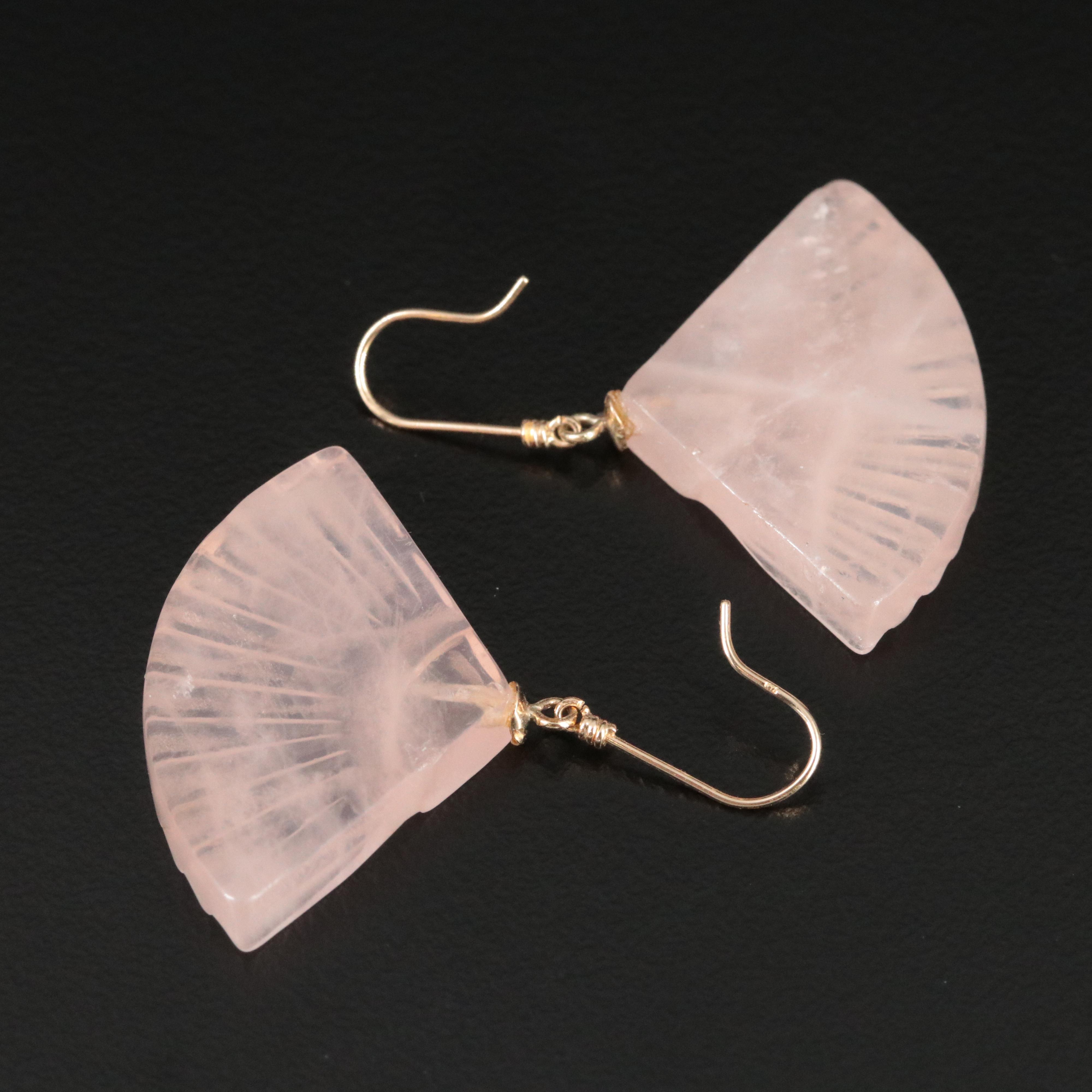 Carved Rose Quartz Fan Earrings with 14K Earwires