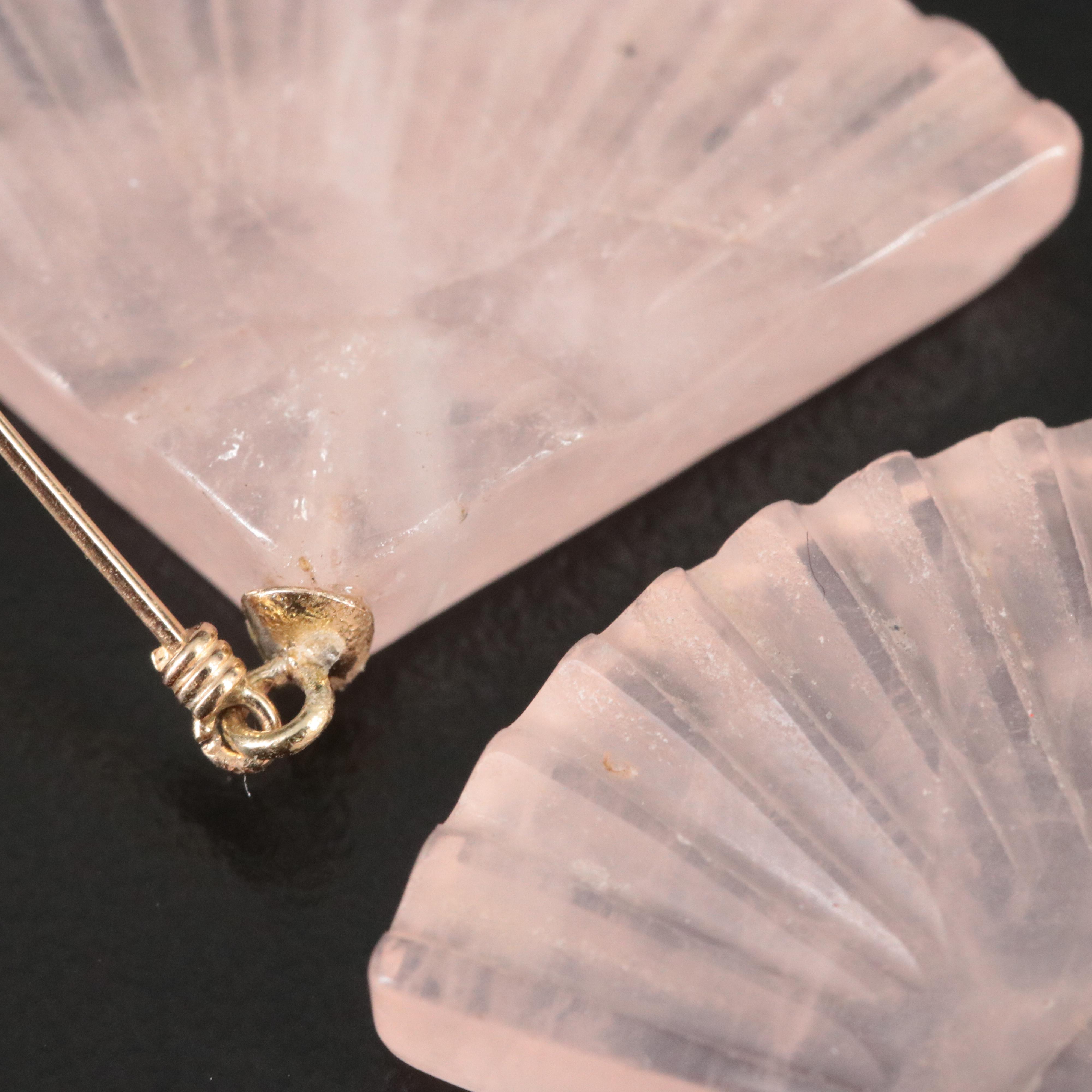 Carved Rose Quartz Fan Earrings with 14K Earwires