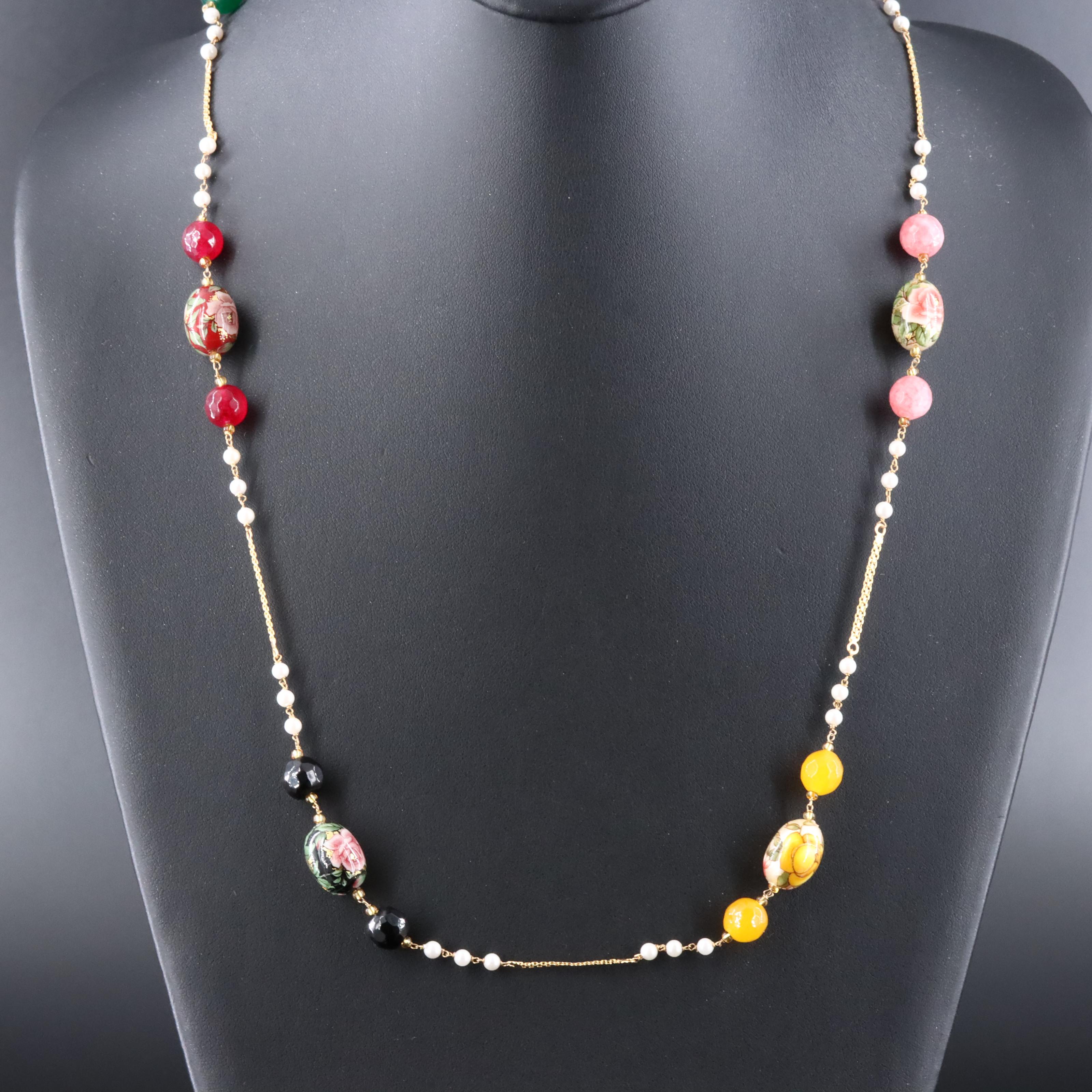 14K Faux Pearl, Quartzite, and Glass Necklace