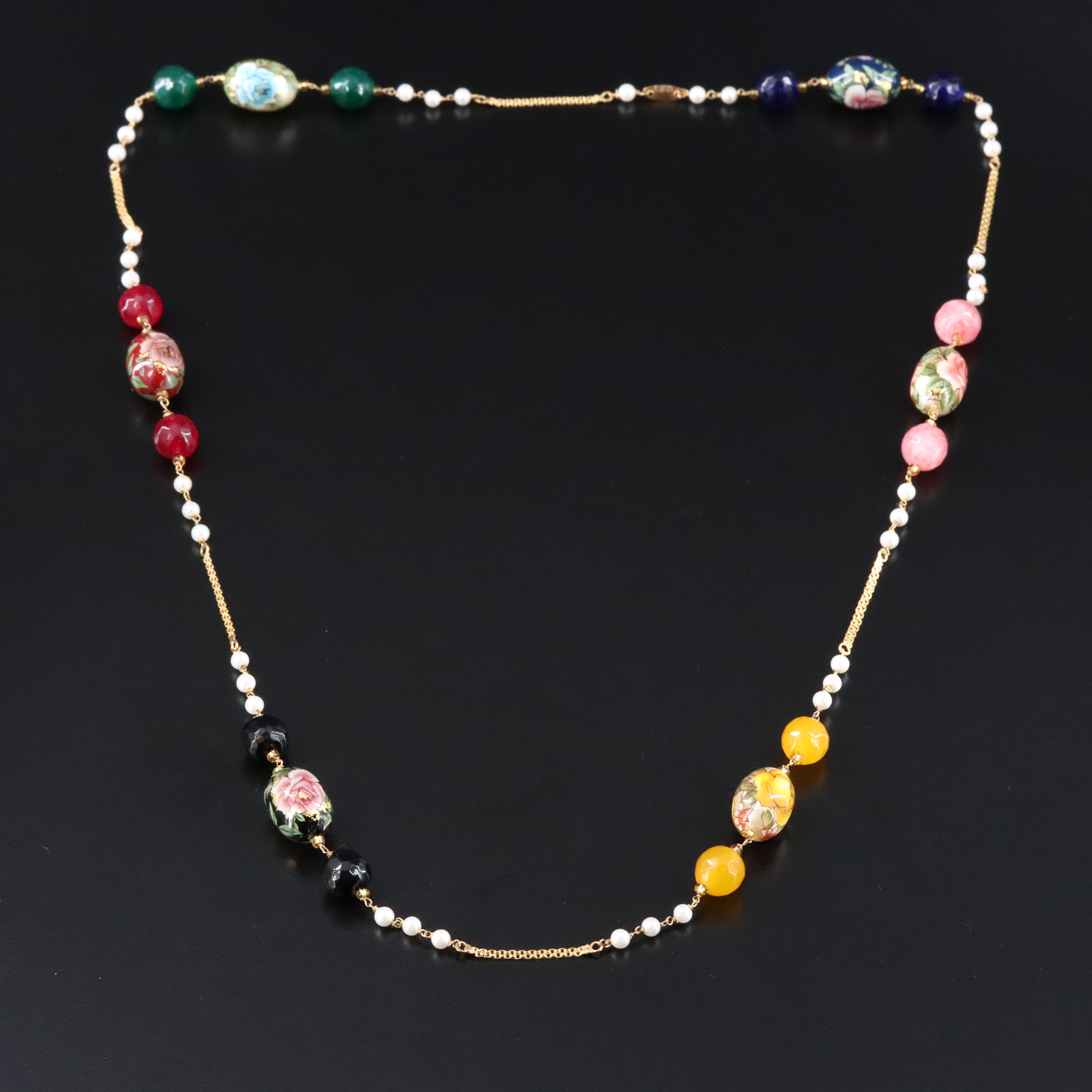 14K Faux Pearl, Quartzite, and Glass Necklace