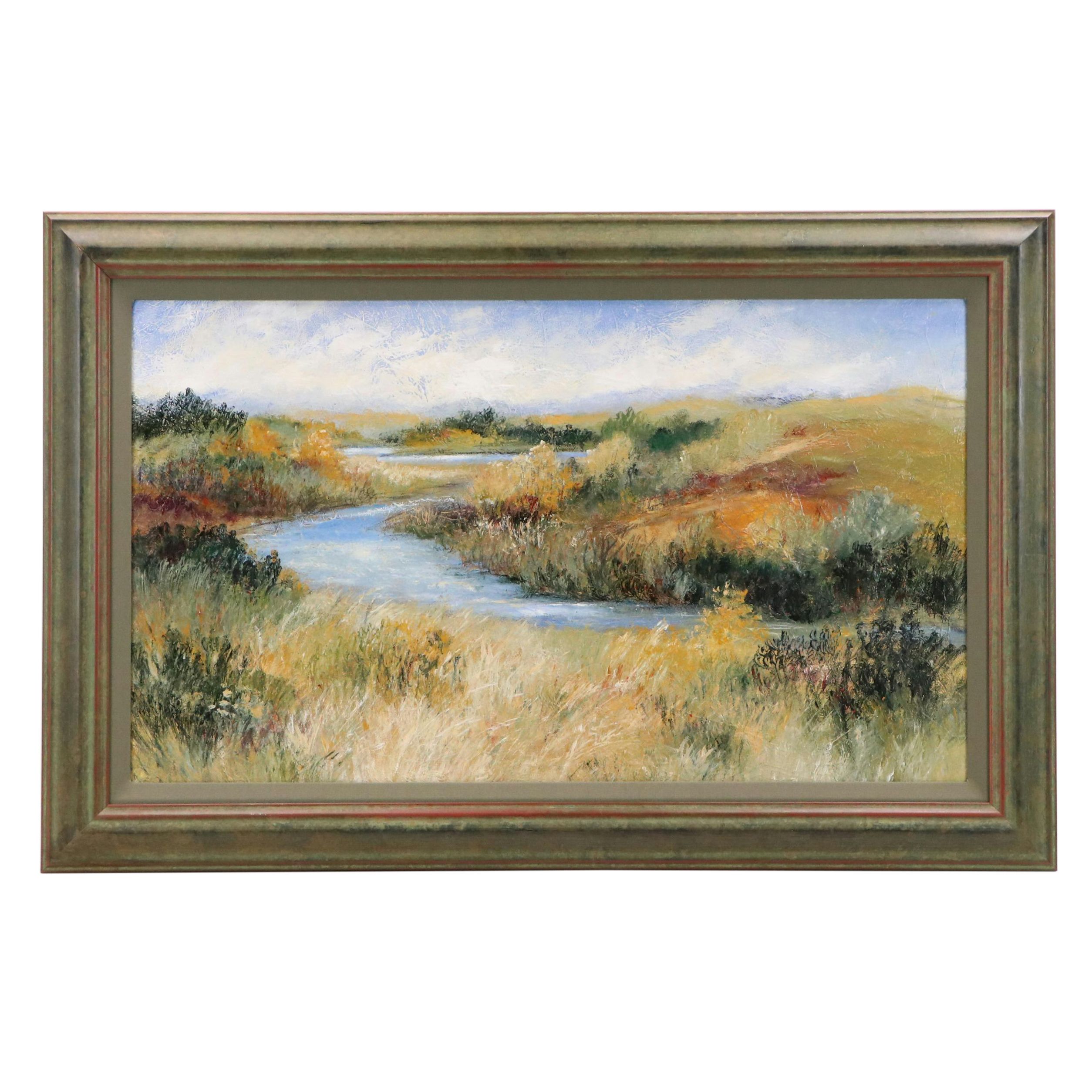 Impasto Landscape Oil Painting of Meandering River, Late 20th to Early 21st C.