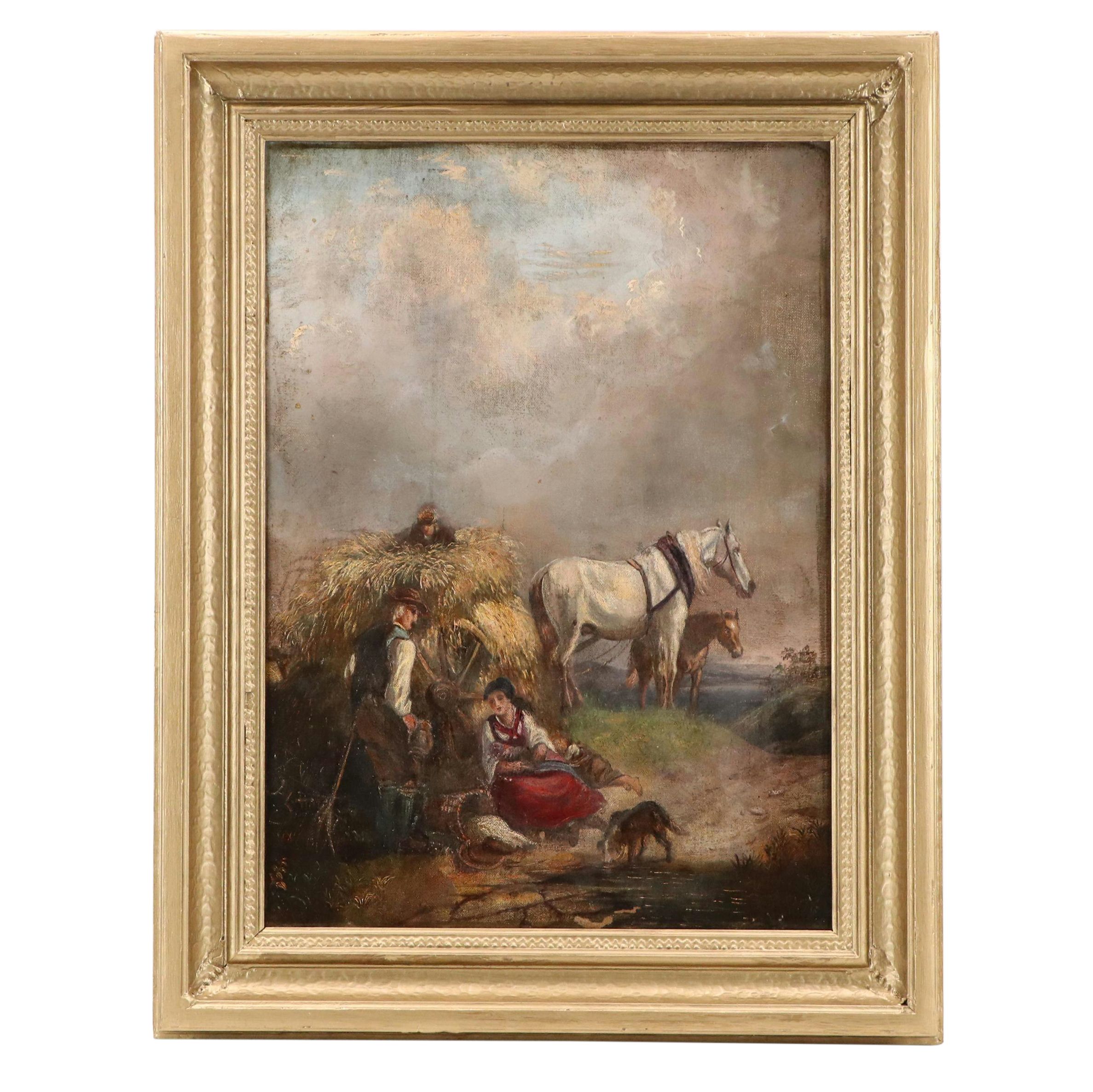 Genre Oil Painting of Farmers and Horses Near Hay Bale, Late 19th C.
