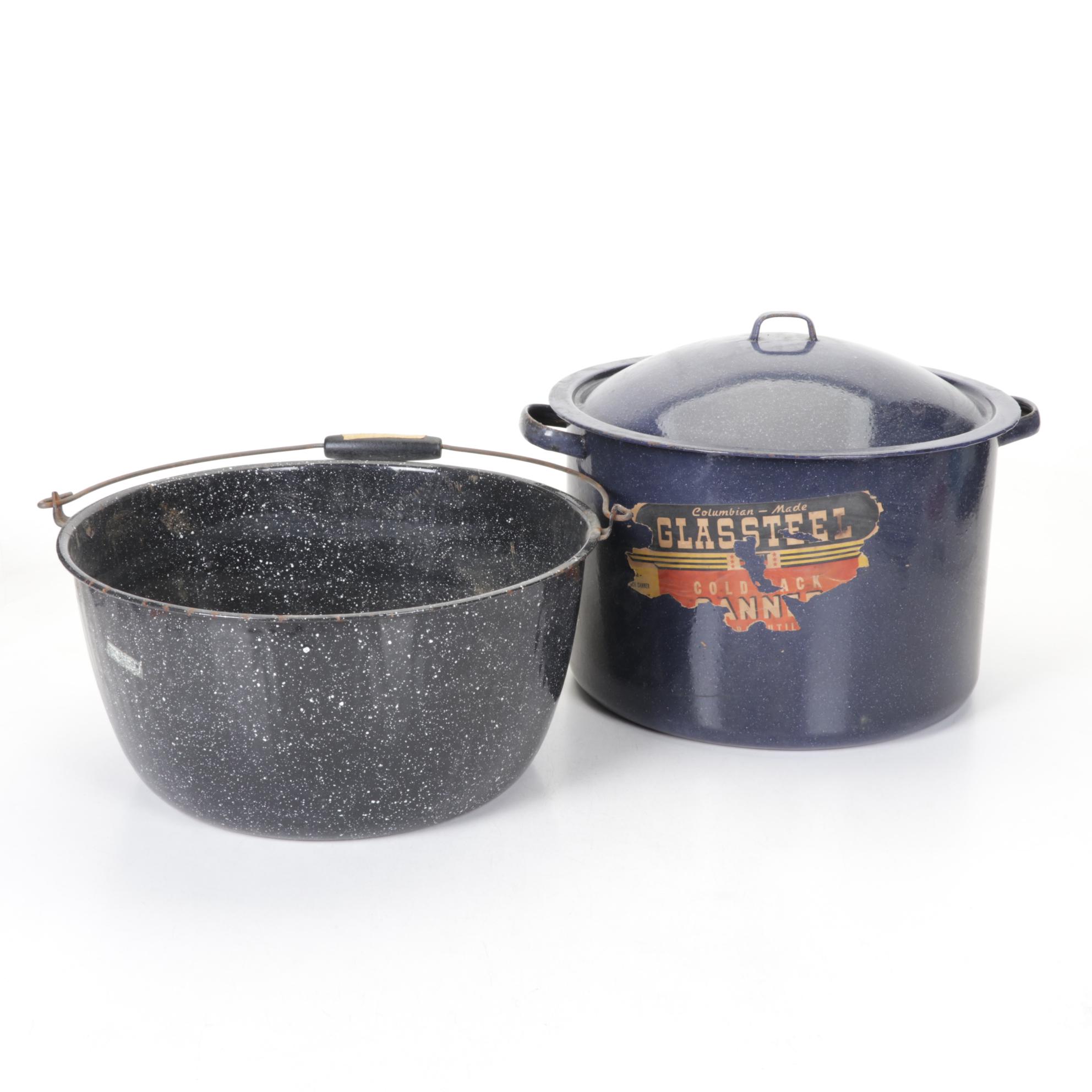 Enameled Metal Canning Pot with Rack and a Pail, Mid to Late 20th Century