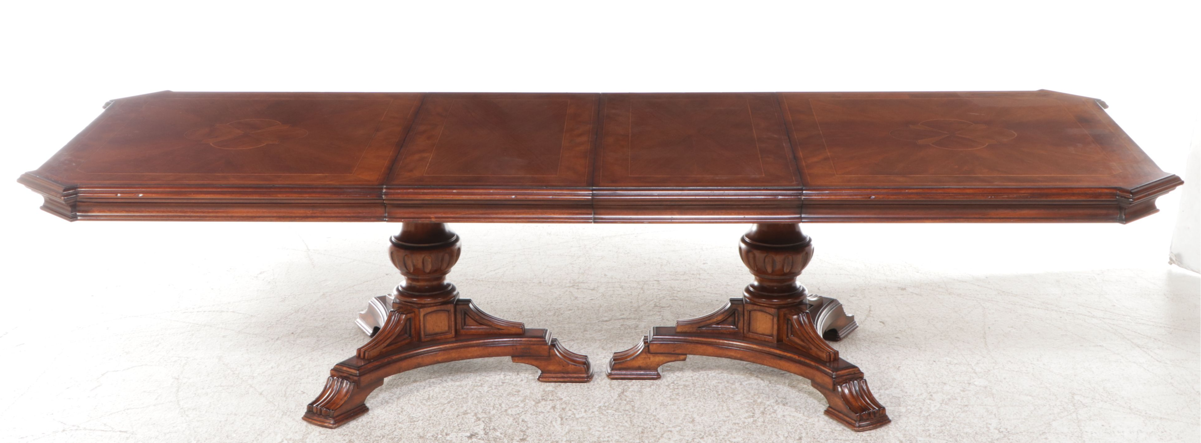 Mahogany Inlaid Double Pedestal Dining Table with Eight Chairs
