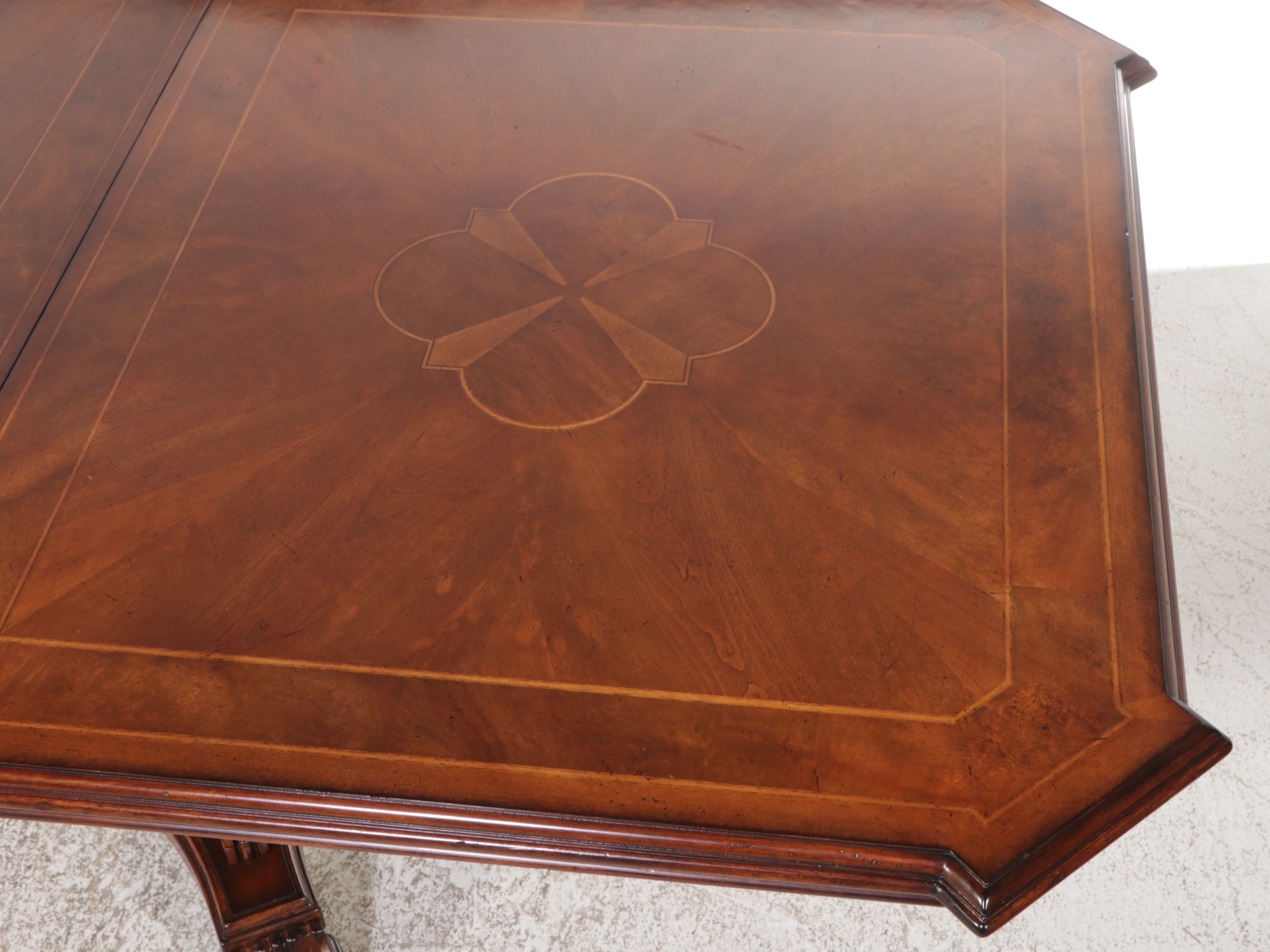 Mahogany Inlaid Double Pedestal Dining Table with Eight Chairs