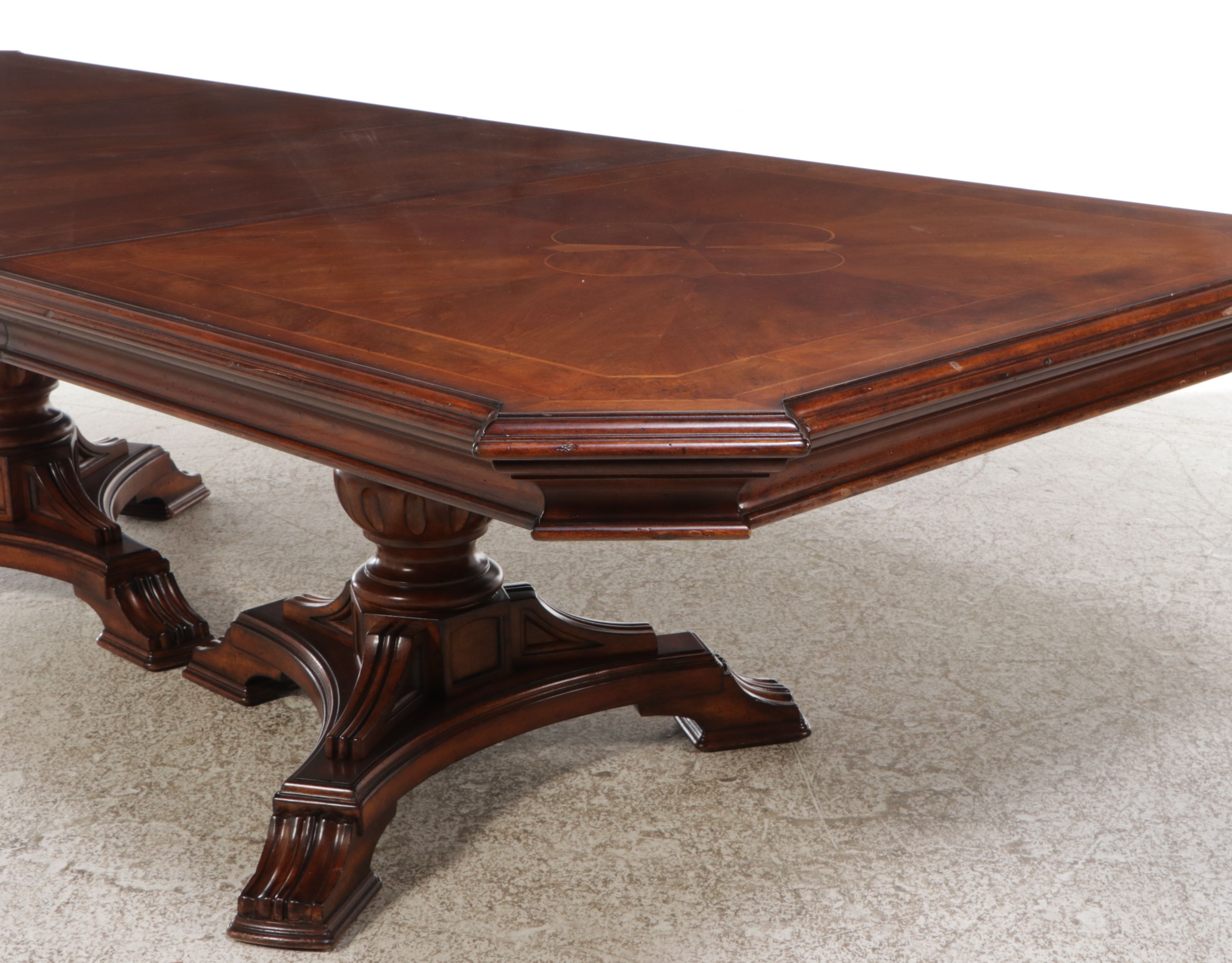 Mahogany Inlaid Double Pedestal Dining Table with Eight Chairs