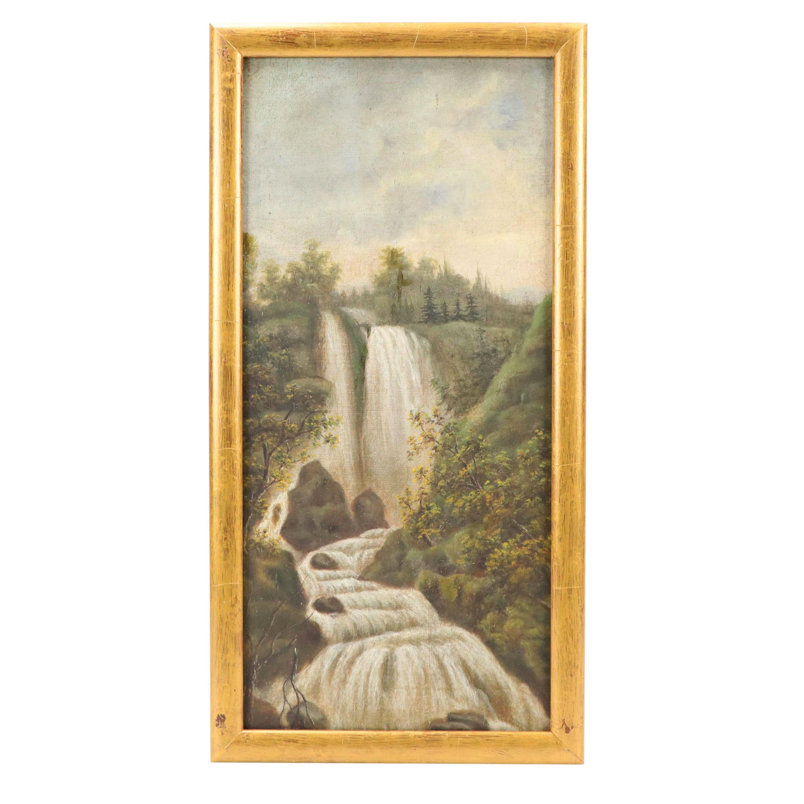 Landscape Oil Painting of Verdant Forest Waterfall, Early to Mid-20th C.