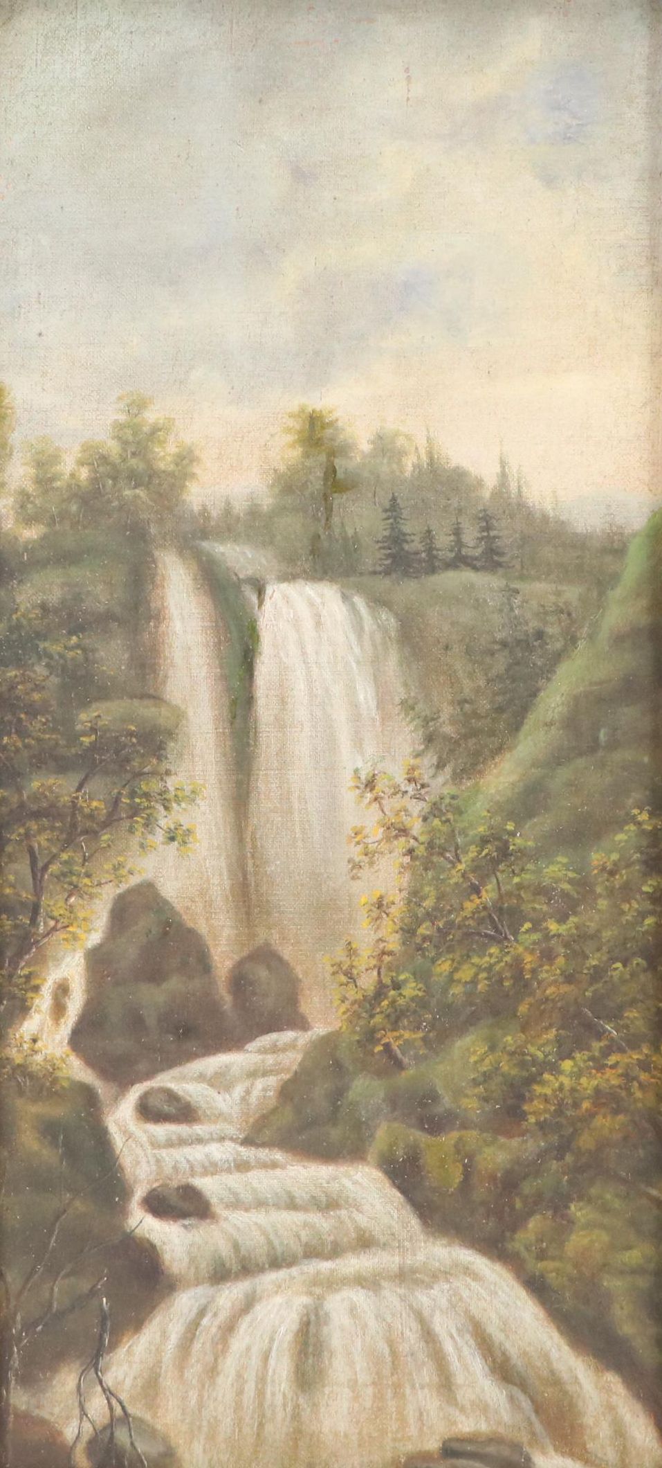 Landscape Oil Painting of Verdant Forest Waterfall, Early to Mid-20th C.