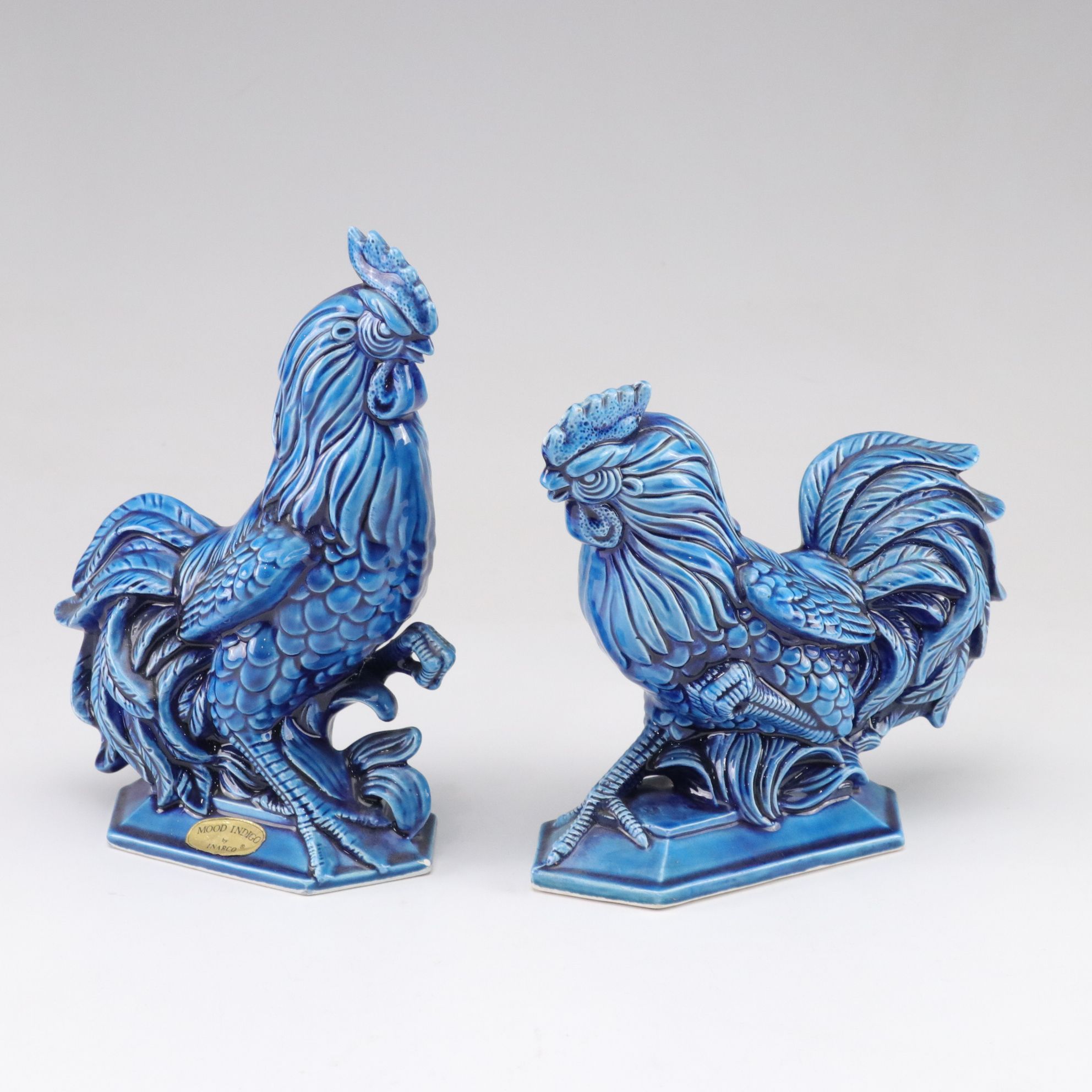 Inarco "Mood Indigo" Blue Ceramic Roosters