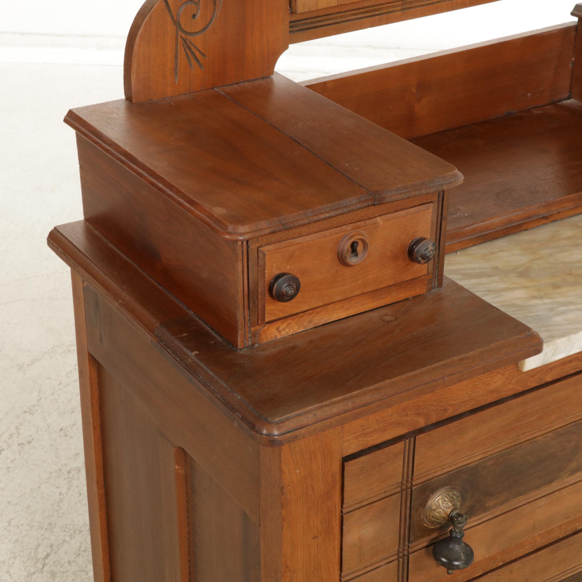 Victorian Eastlake Walnut and Marble Dresser and Mirror