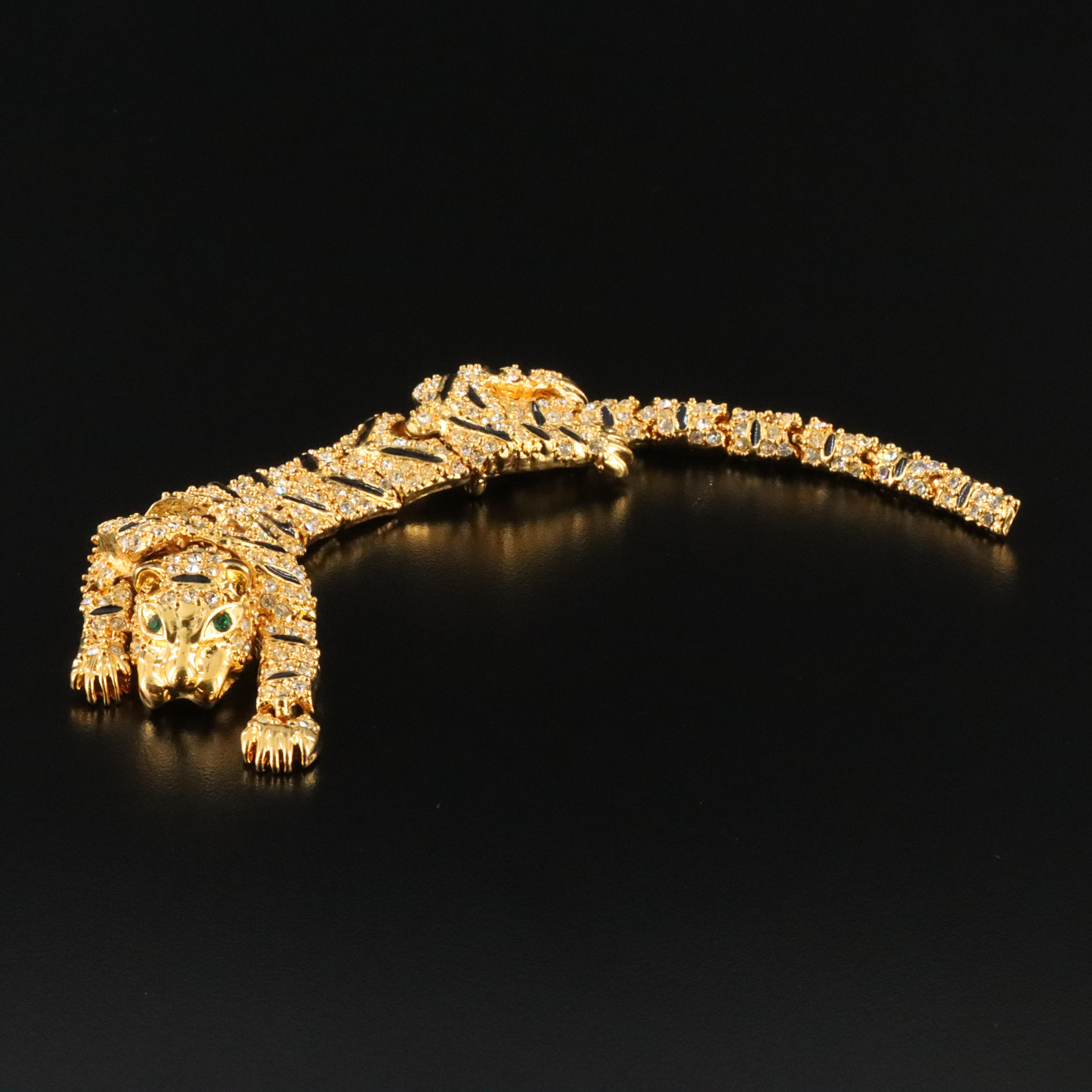Rhinestone and Enamel Climbing Tiger Brooch