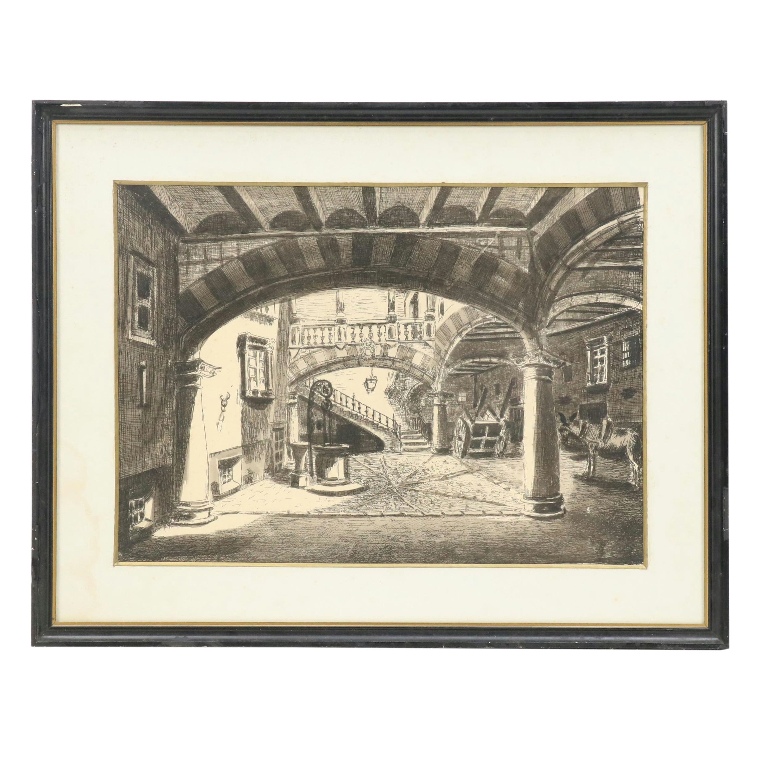 Hand-Colored Intaglio of Mallorcan Ca n'Oleza Courtyard