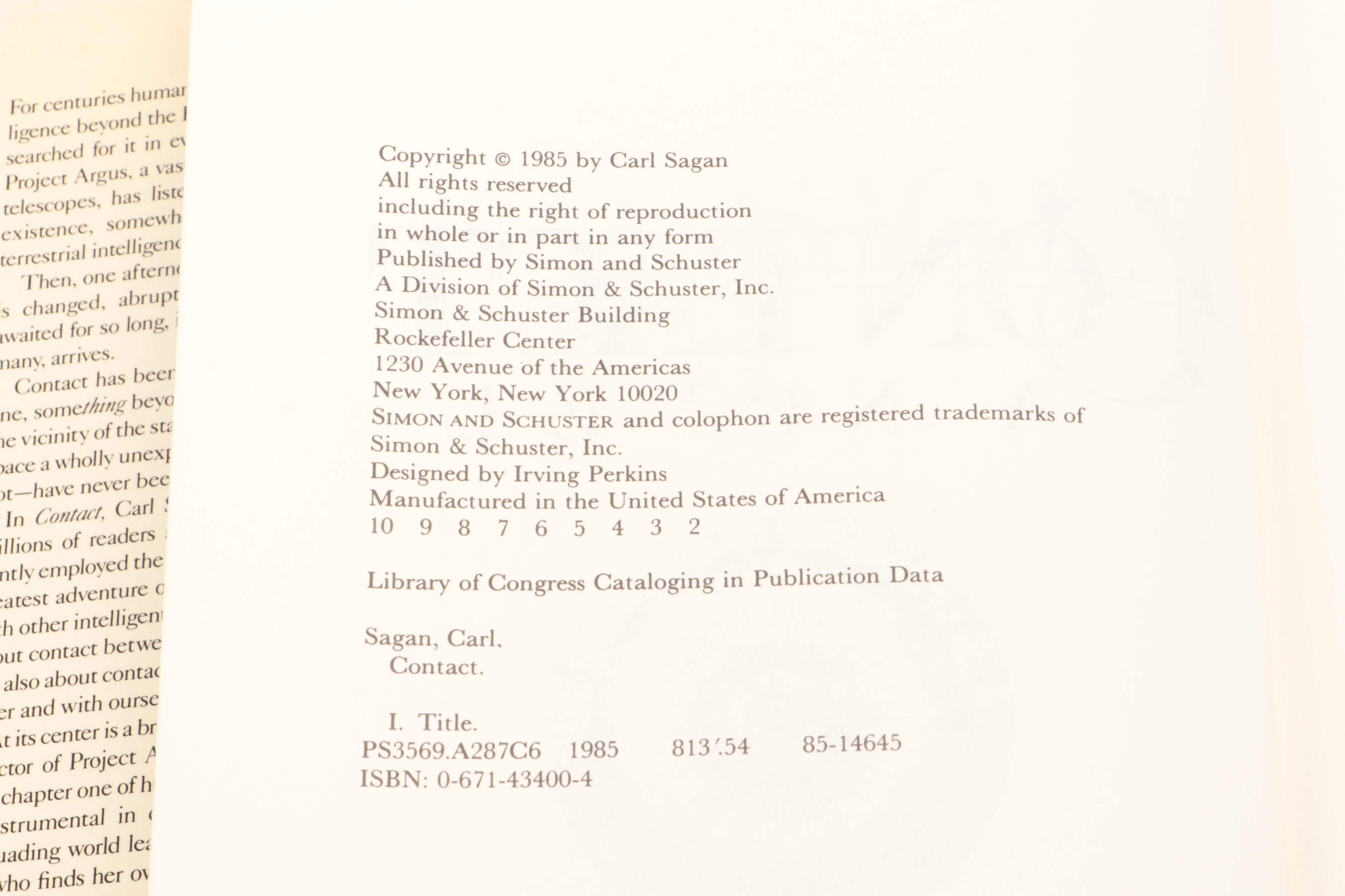 Second Printing "Contact" by Carl Sagan, 1985