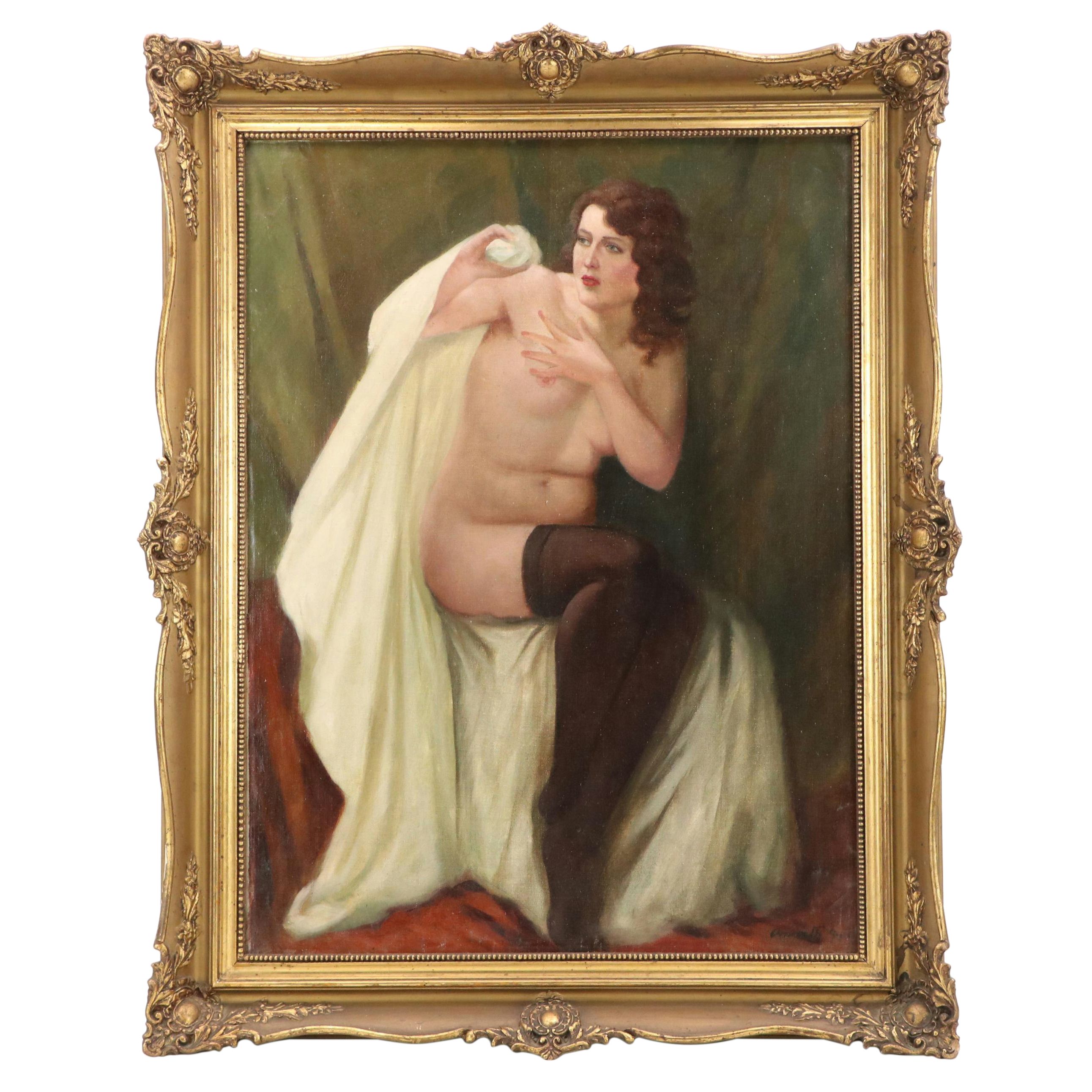 Portrait Oil Painting of Nude Woman with Sheet, Early 20th Century