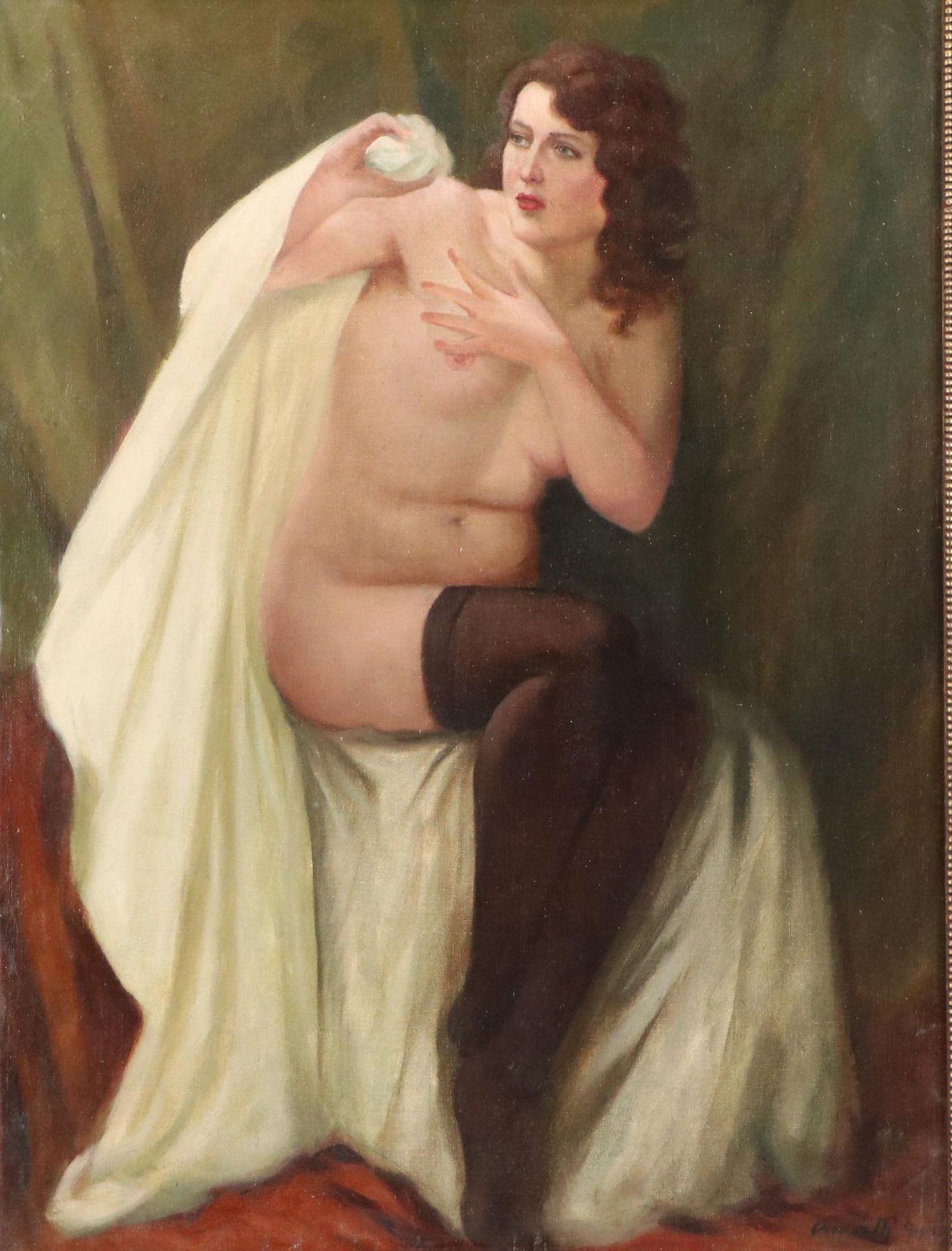 Portrait Oil Painting of Nude Woman with Sheet, Early 20th Century