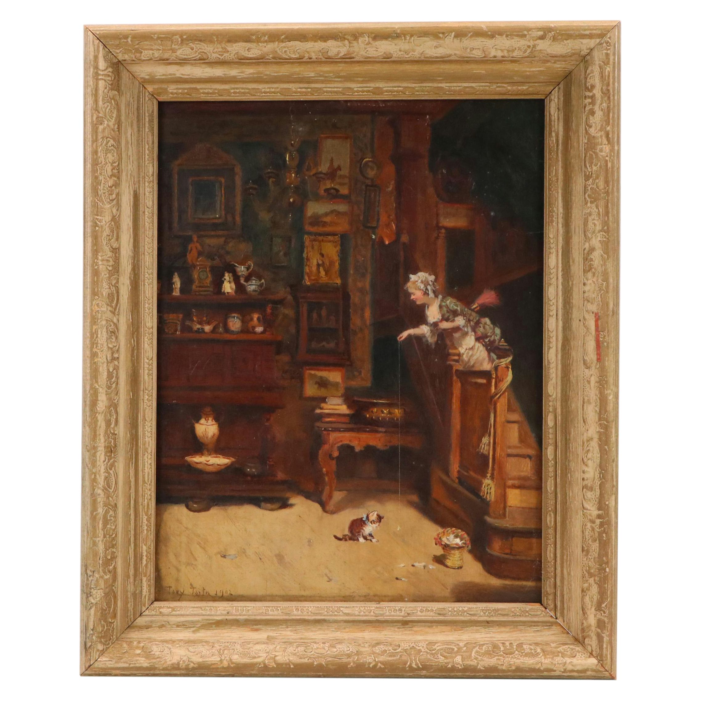 Tony Torta Genre Oil Painting of Maid Playing with Kitten, 1902