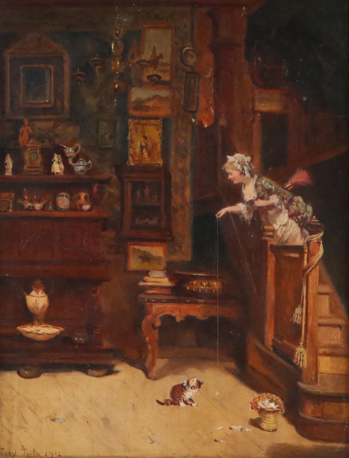 Tony Torta Genre Oil Painting of Maid Playing with Kitten, 1902