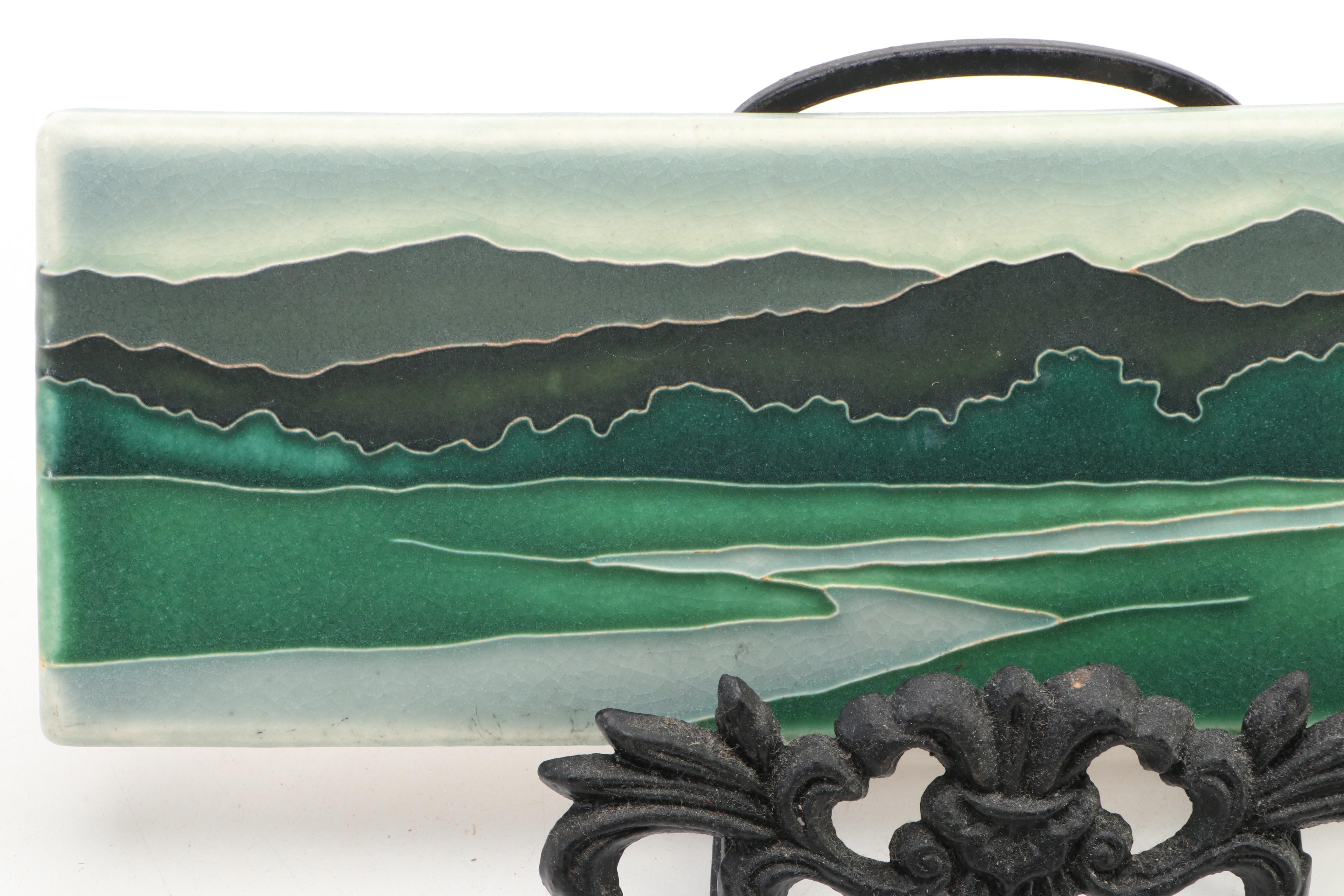 Motawi Tileworks "Riverscape" Ceramic Tile with Metal Stand