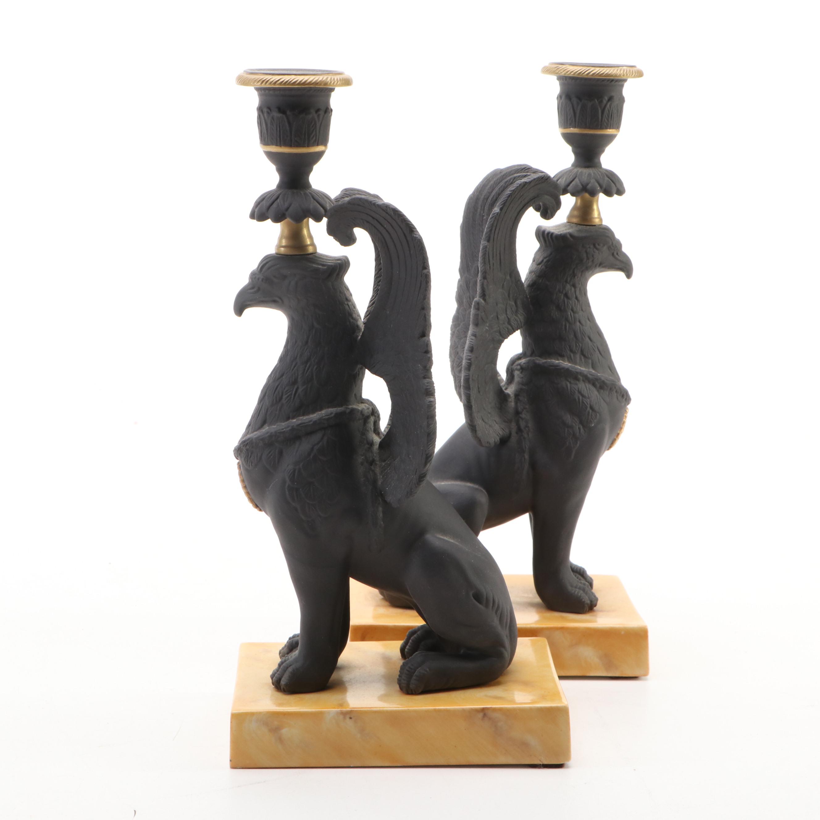 Pair of Chelsea House Port Royal Italian Porcelain Griffin Candlesticks