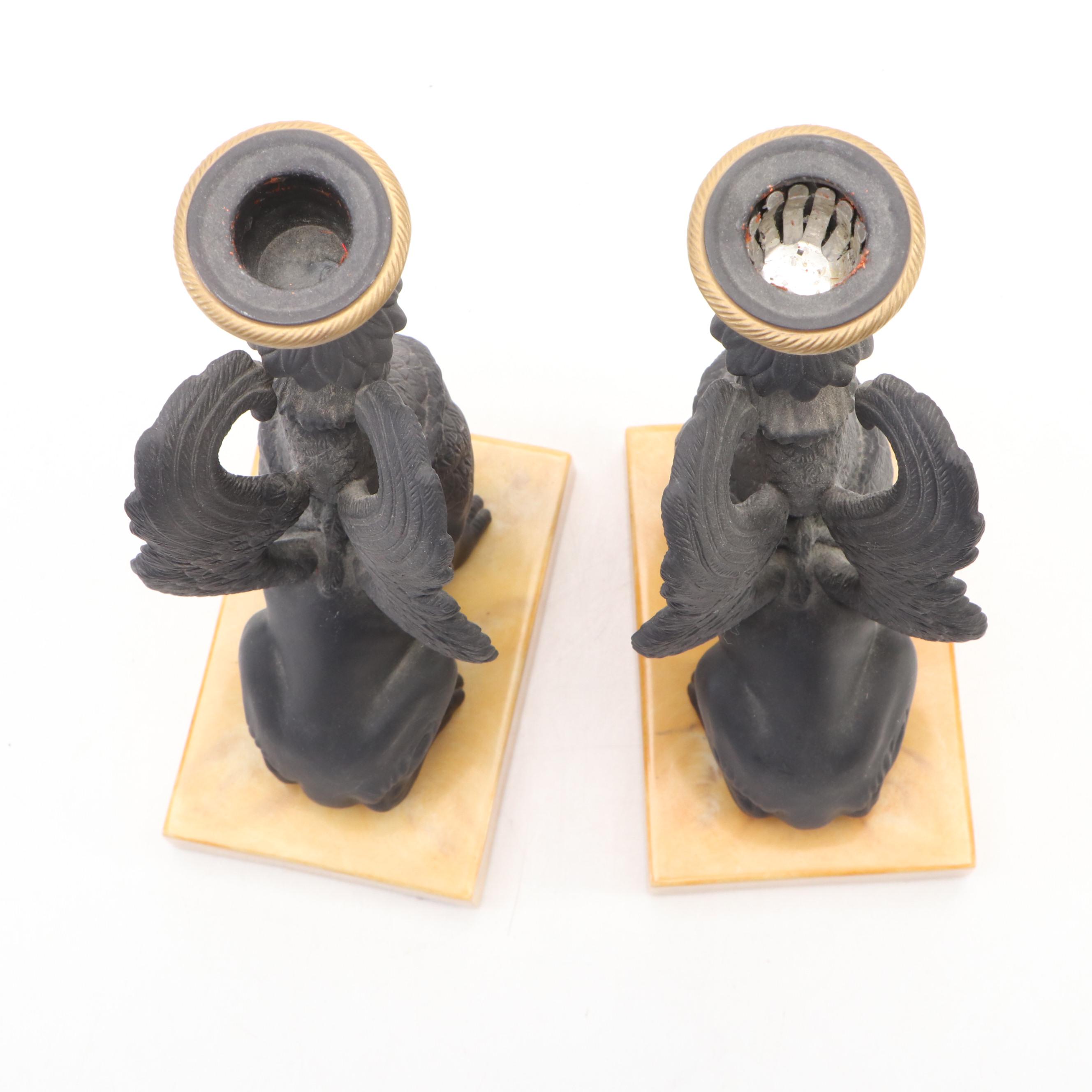 Pair of Chelsea House Port Royal Italian Porcelain Griffin Candlesticks