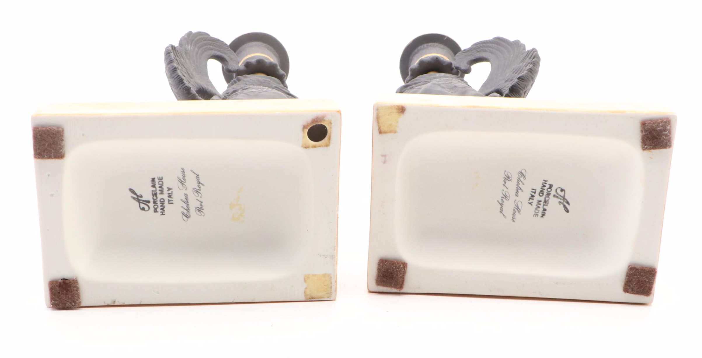 Pair of Chelsea House Port Royal Italian Porcelain Griffin Candlesticks