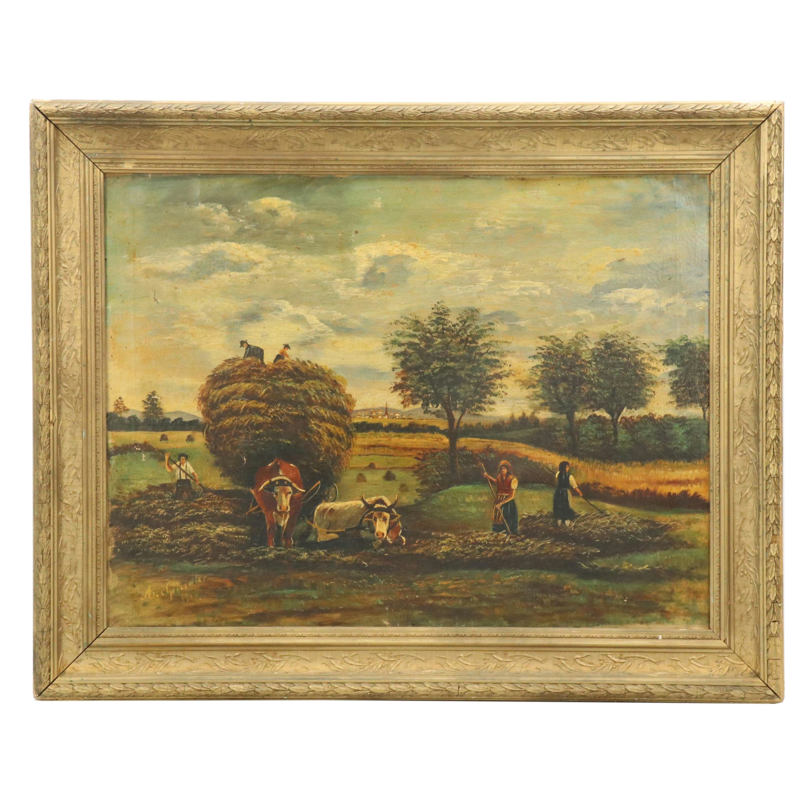 American School Folk Art Oil Painting Depicting Harvest Scene, Circa 1917