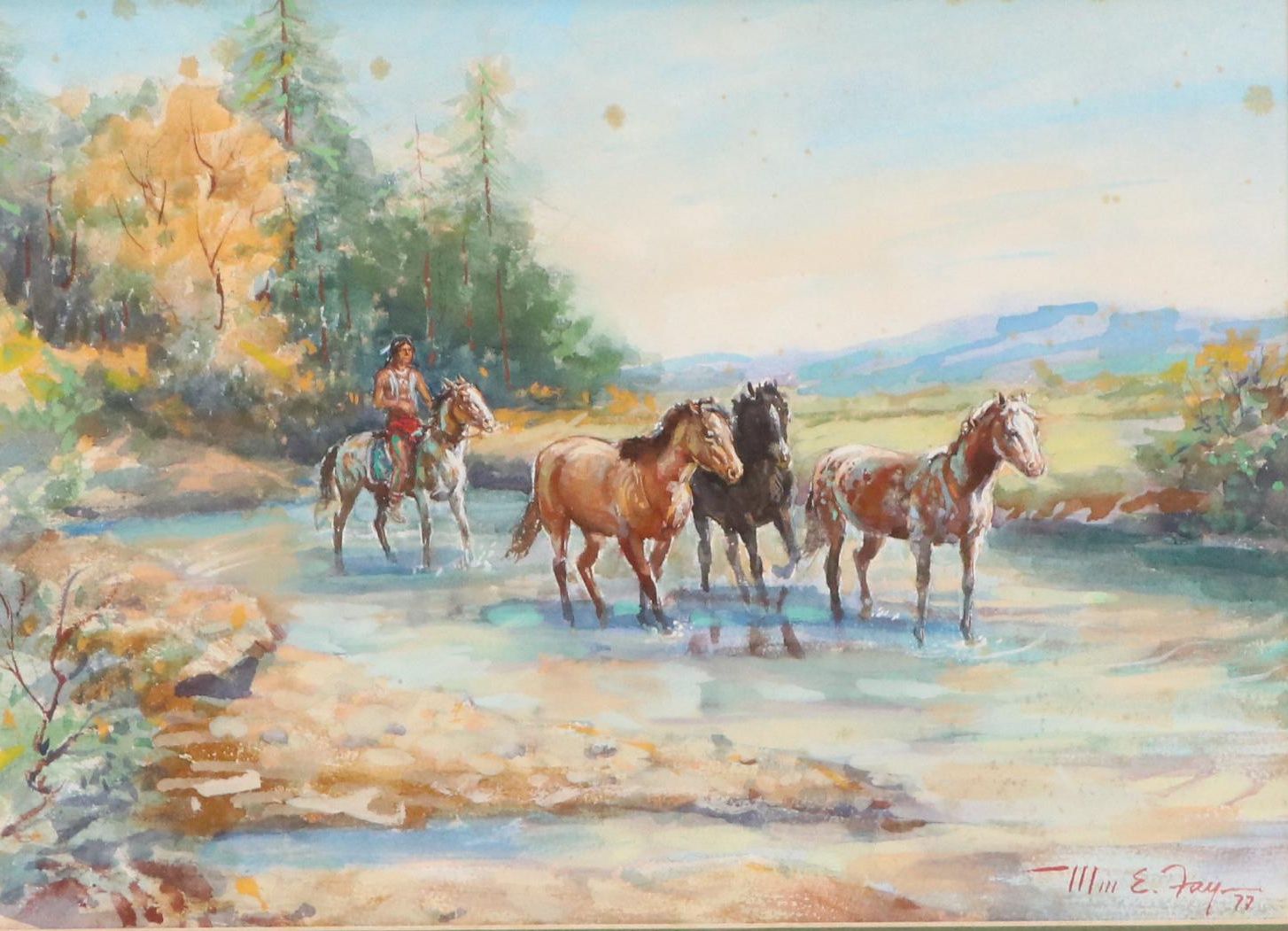 Signed Watercolor Painting of Native American Fording River with Horses, 1977