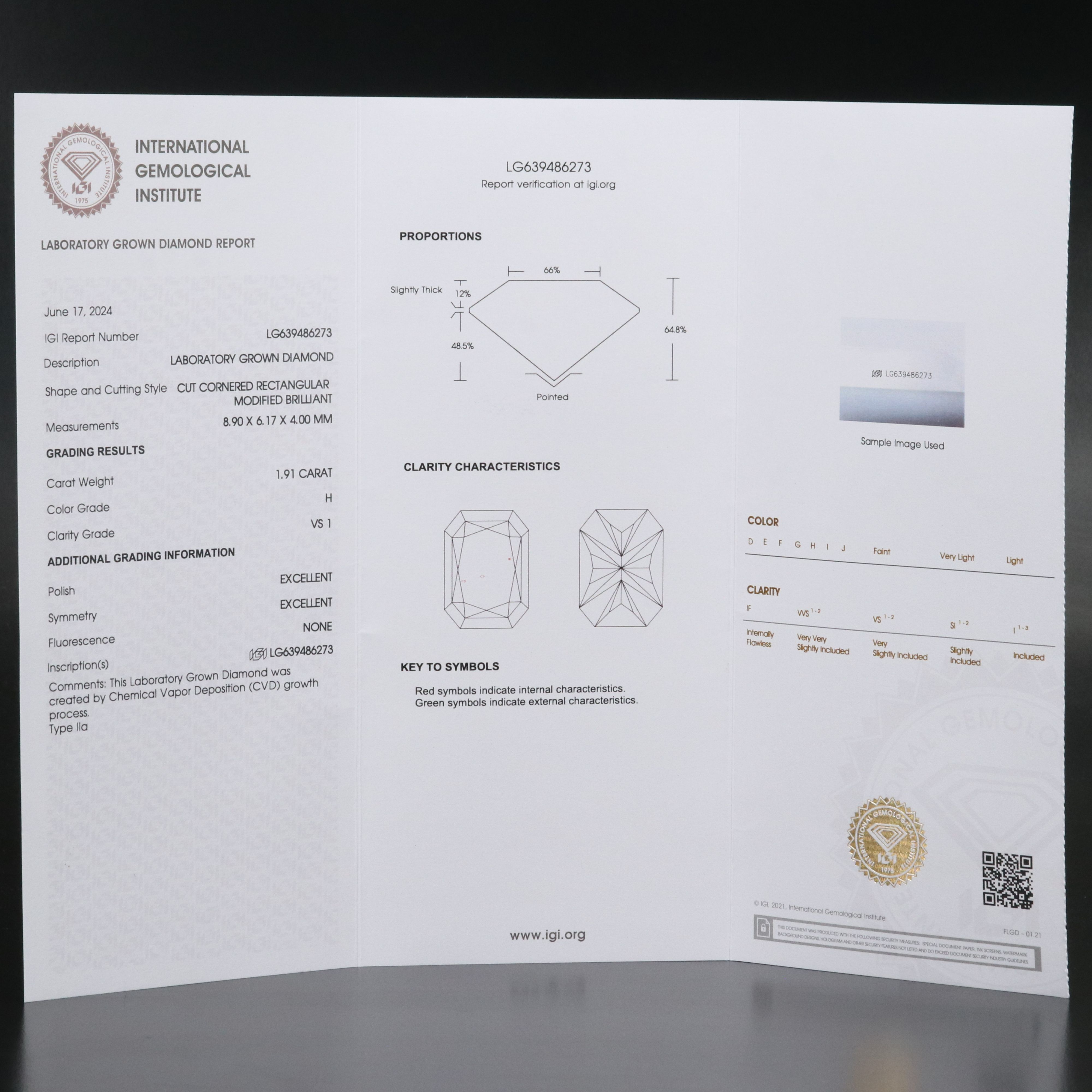 Loose 1.91 CT Lab Grown Diamond with IGI Report