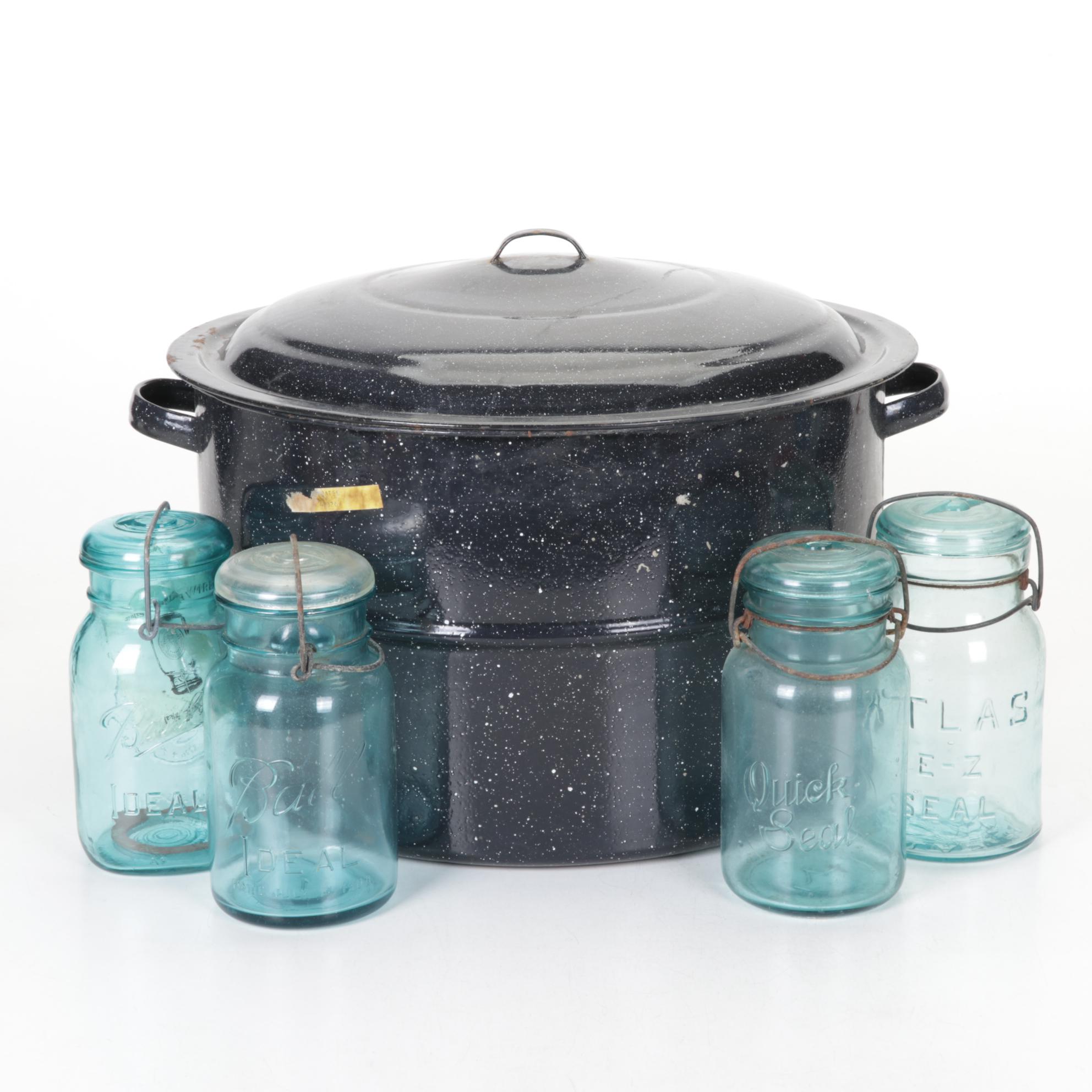 Enameled Canning Pot with Rack and Four Glass-Top Canning Jars