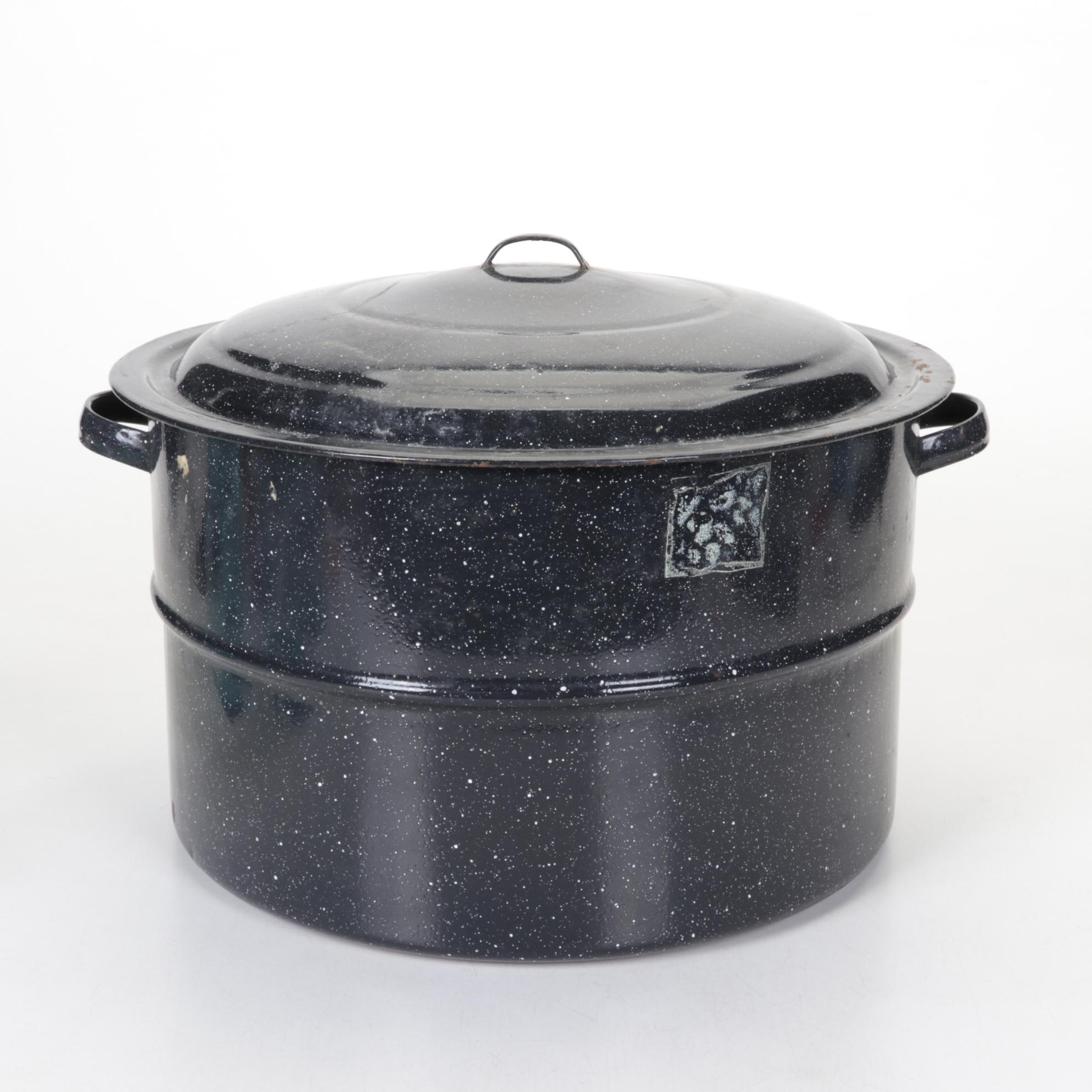 Enameled Canning Pot with Rack and Four Glass-Top Canning Jars