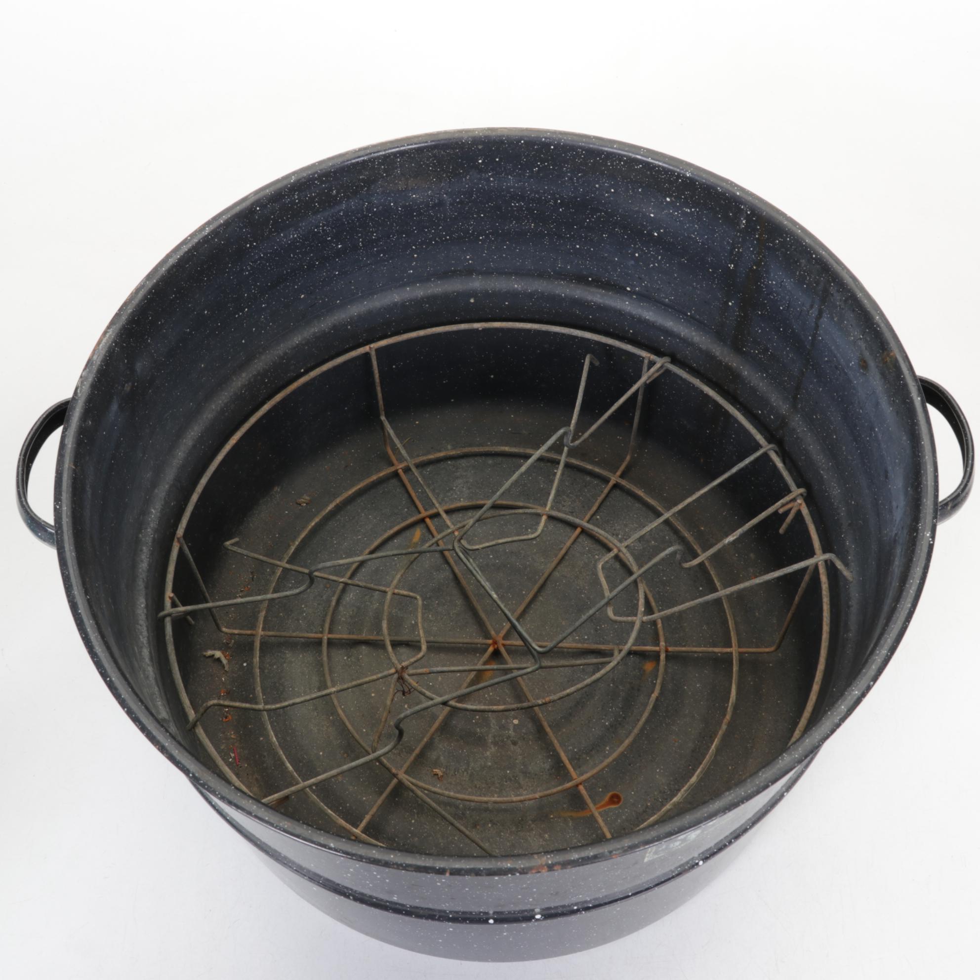 Enameled Canning Pot with Rack and Four Glass-Top Canning Jars