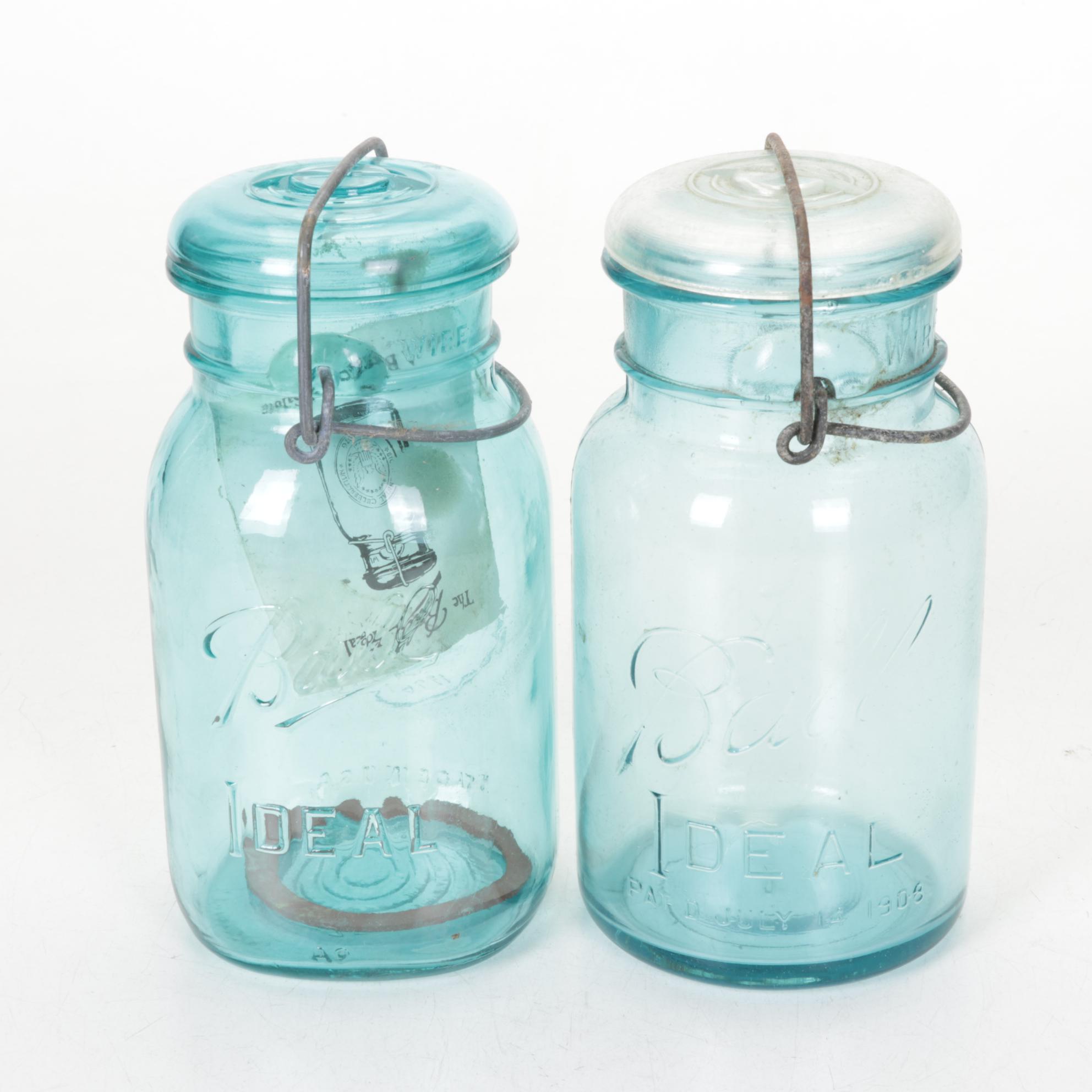 Enameled Canning Pot with Rack and Four Glass-Top Canning Jars