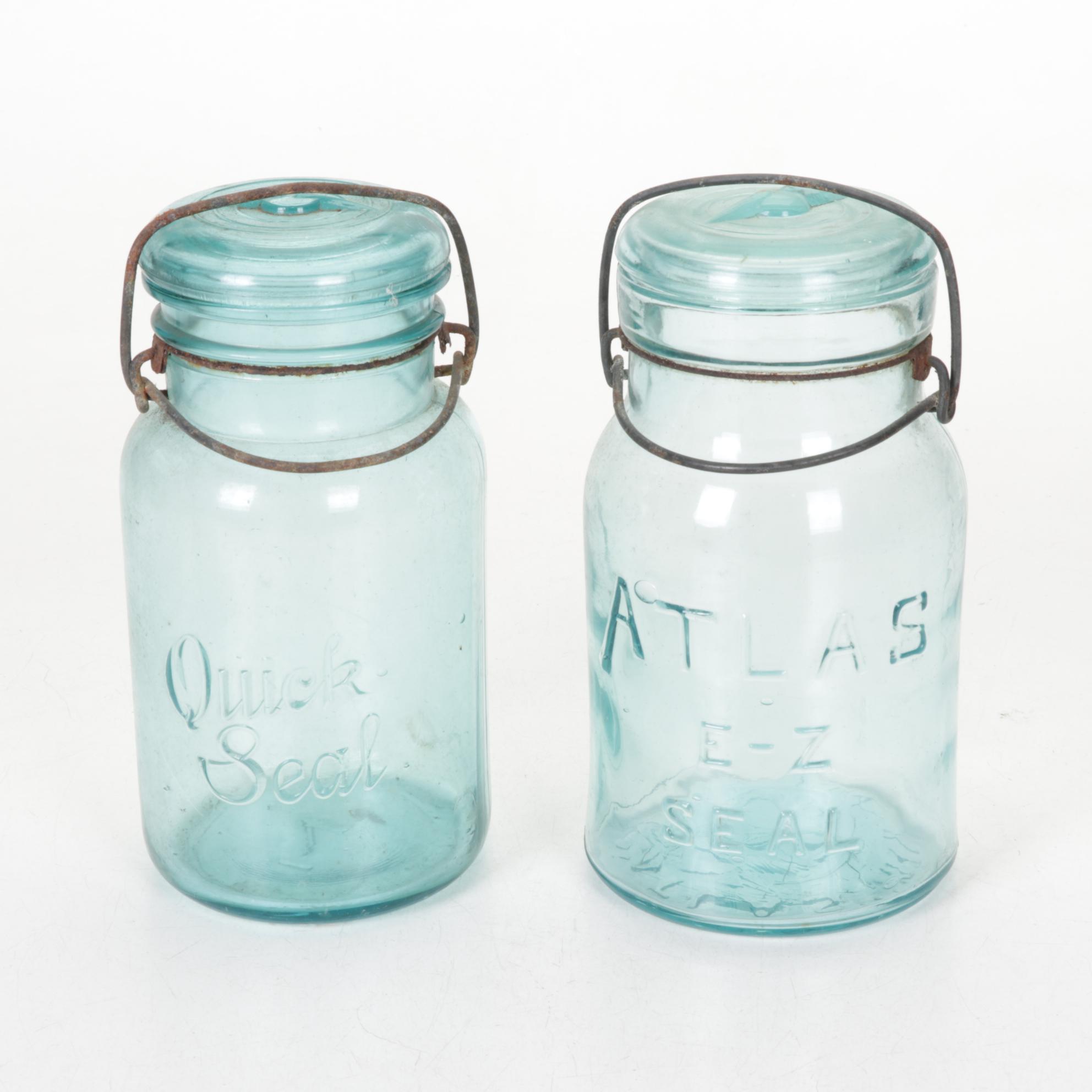 Enameled Canning Pot with Rack and Four Glass-Top Canning Jars