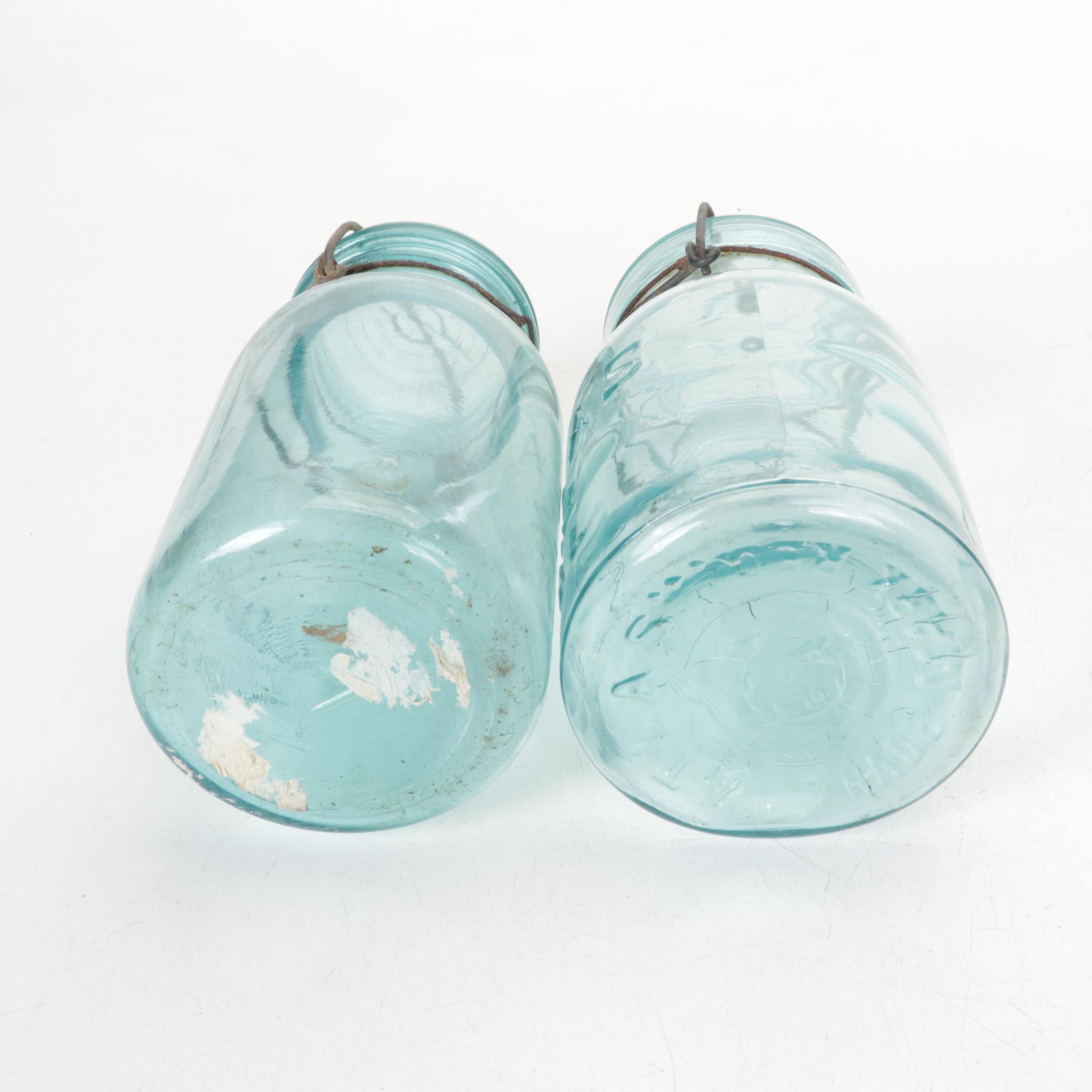 Enameled Canning Pot with Rack and Four Glass-Top Canning Jars