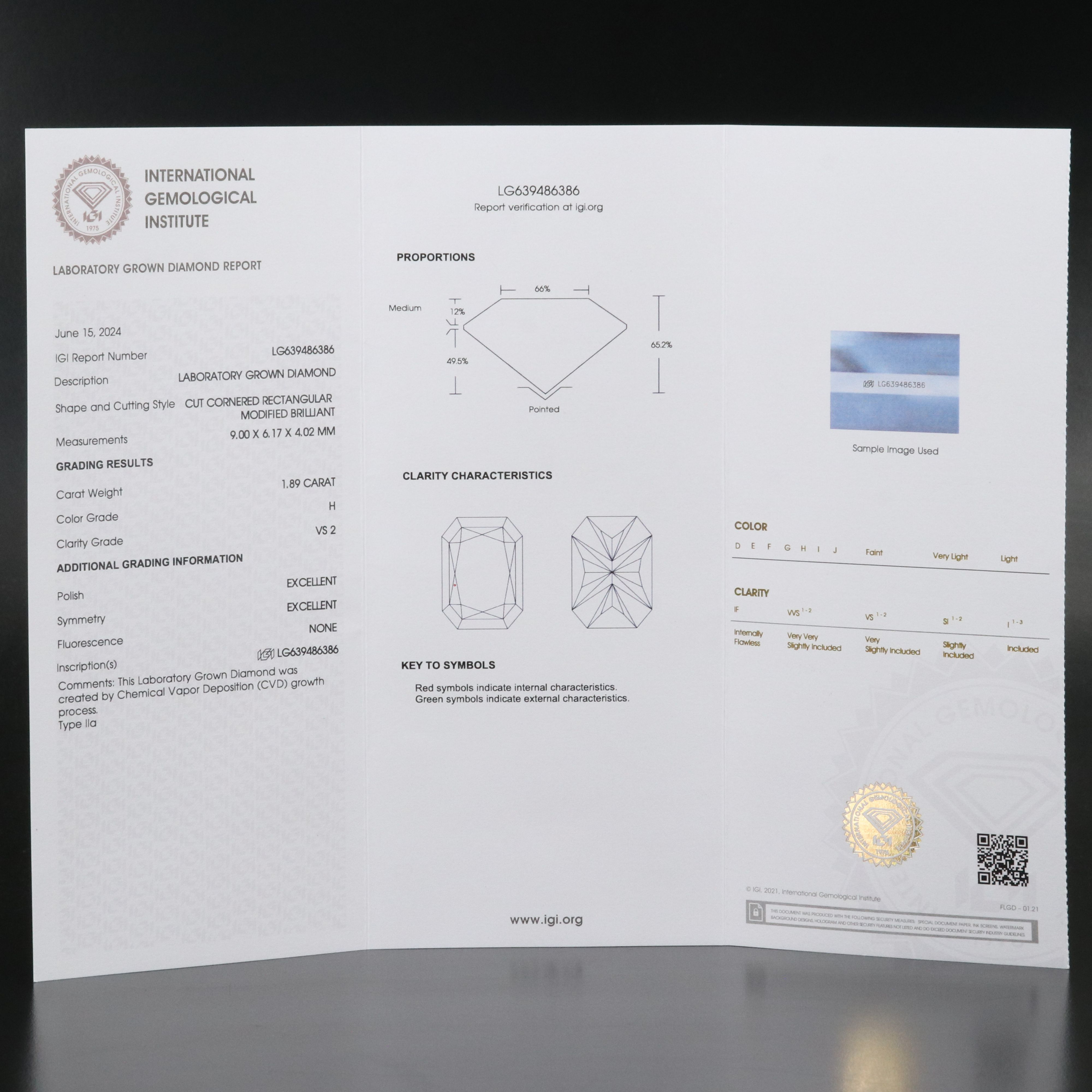 Loose 1.89 CT Lab Grown Diamond with IGI Report