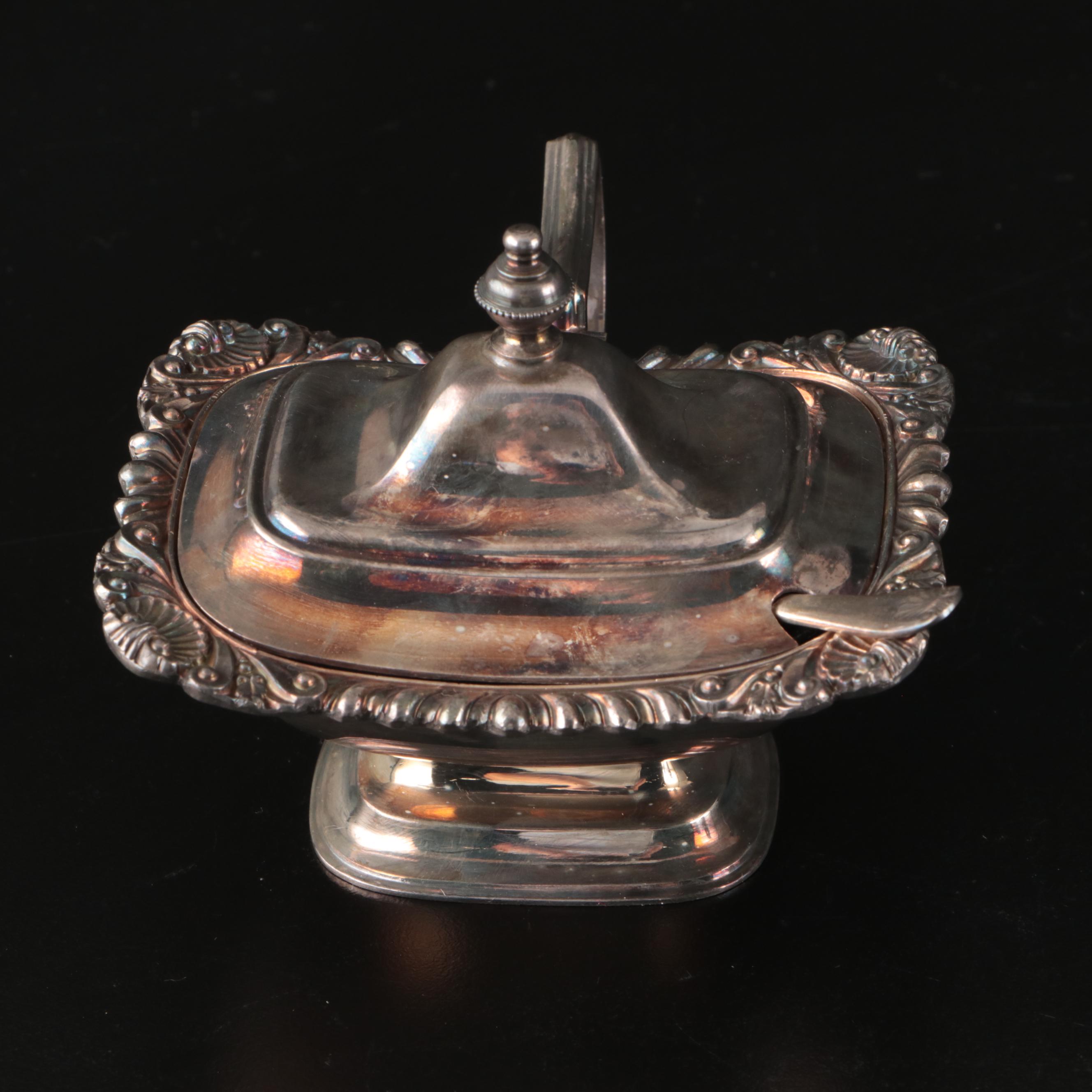 Georgian Style Cobalt Glass Lined Mustard Jar with Other Silver Plate Serveware