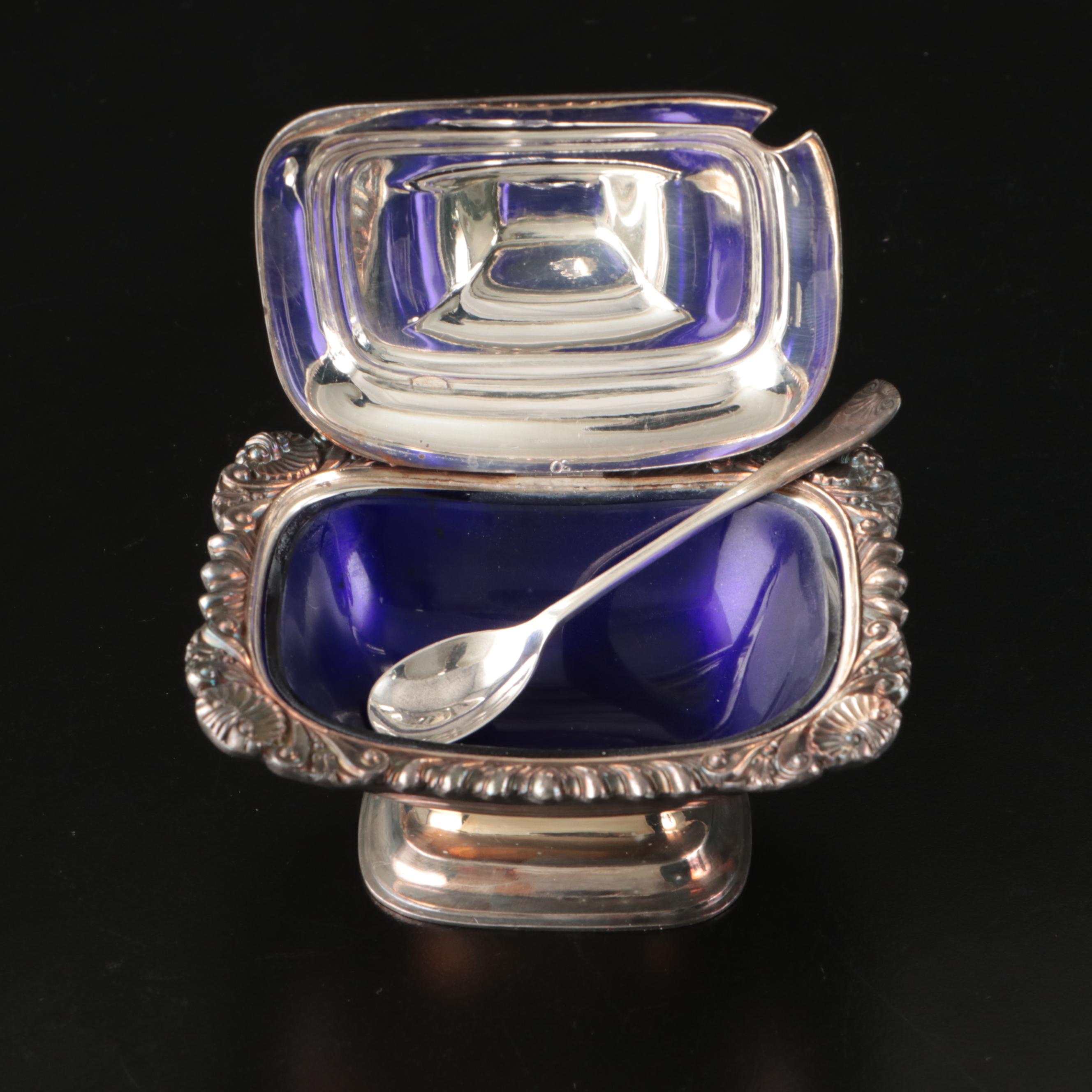 Georgian Style Cobalt Glass Lined Mustard Jar with Other Silver Plate Serveware