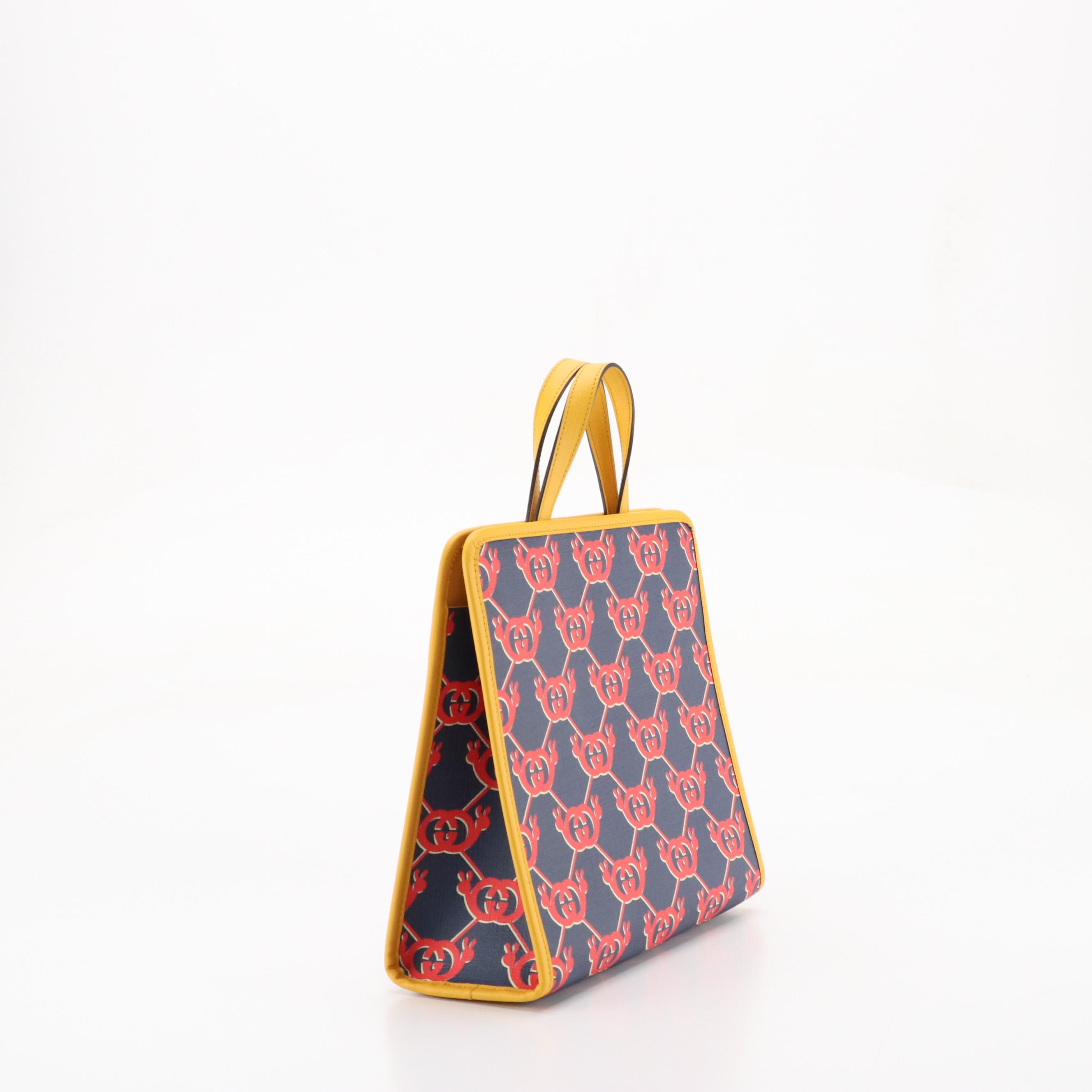 Gucci Kid's Tote in Red/Blue Peace Sign GG Canvas and Yellow Leather Trim