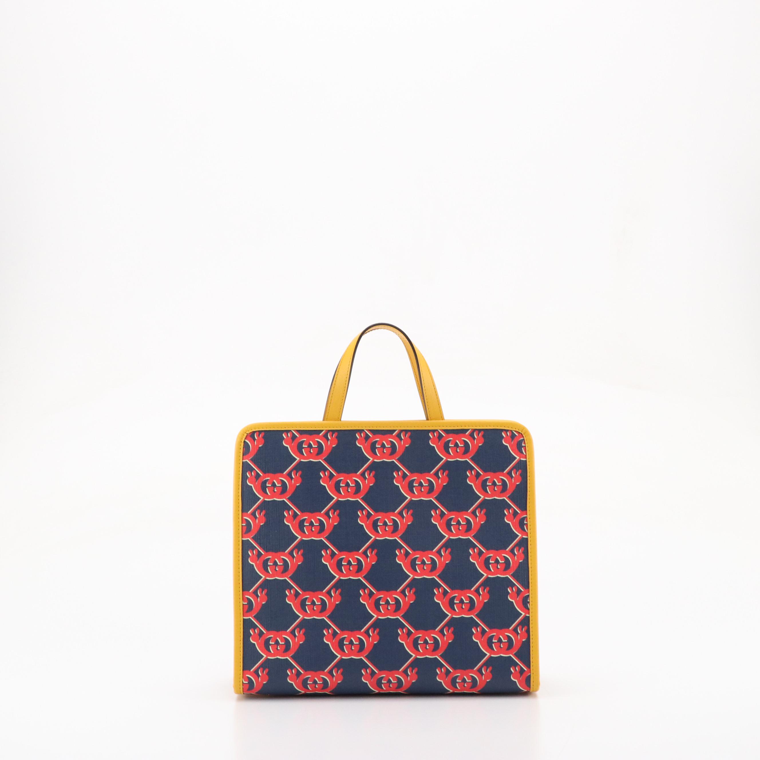 Gucci Kid's Tote in Red/Blue Peace Sign GG Canvas and Yellow Leather Trim