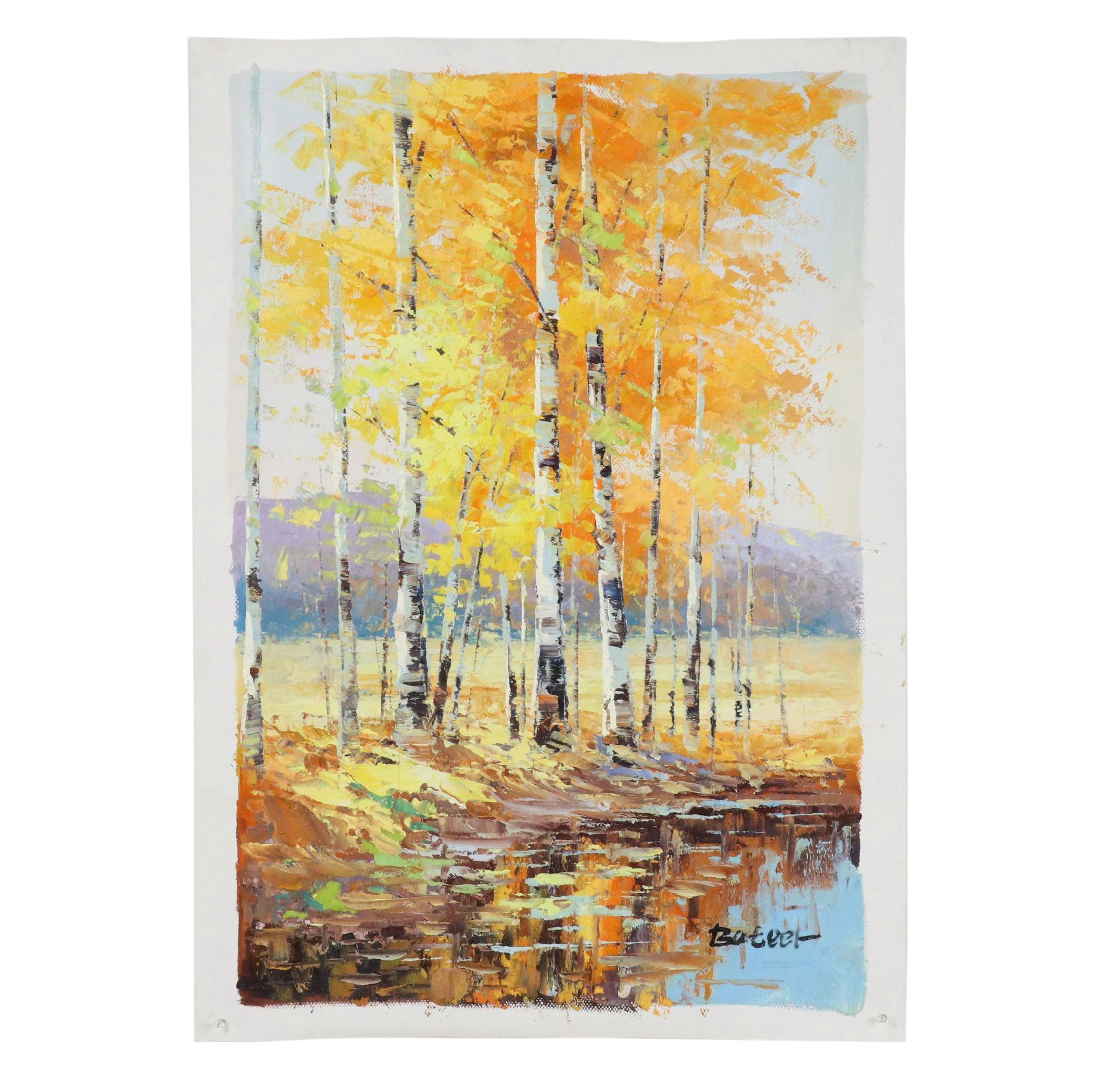 Bateer Impasto Oil Landscape Painting of Autumn Birch Grove, 21st Century