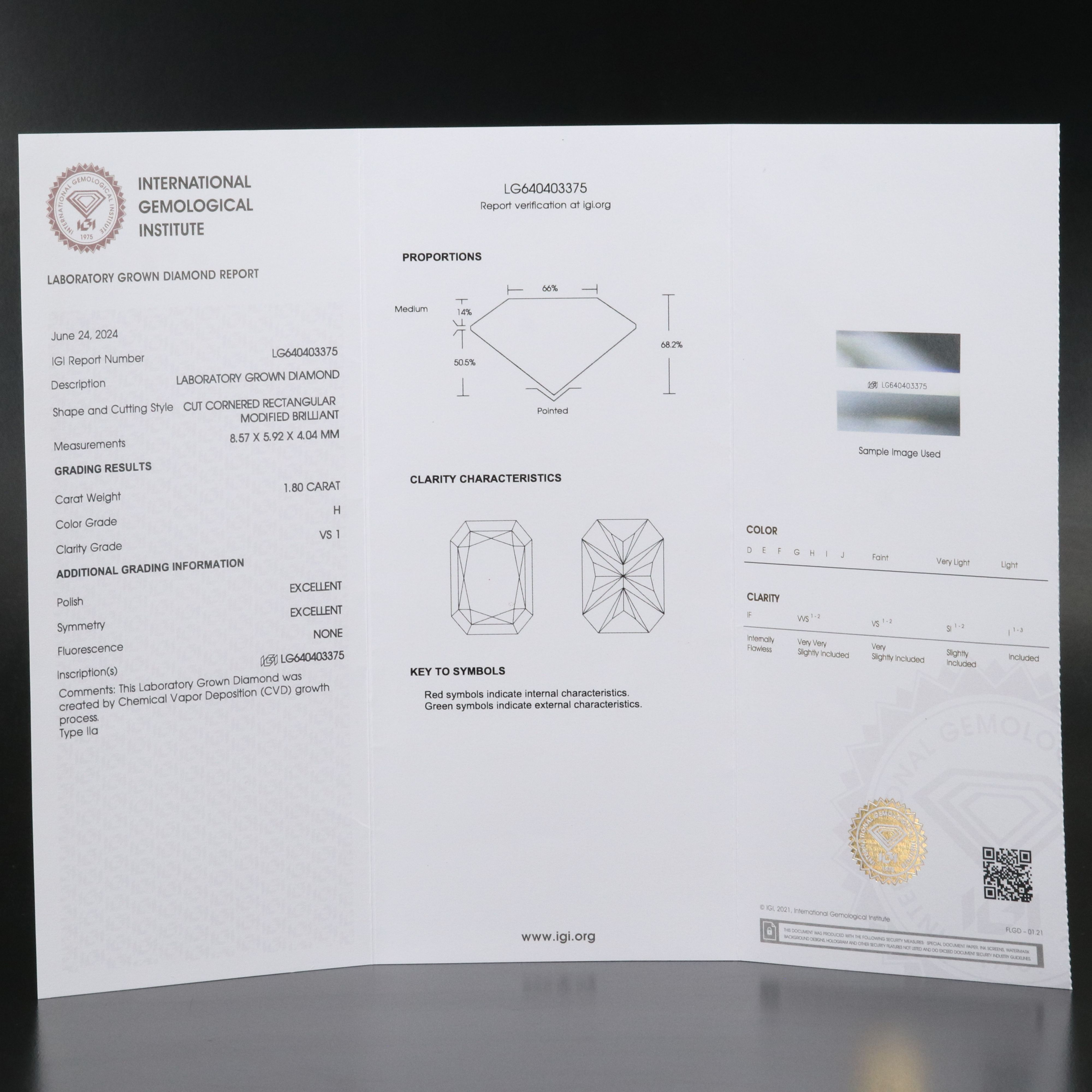Loose 1.80 CT Lab Grown Diamond with IGI Report