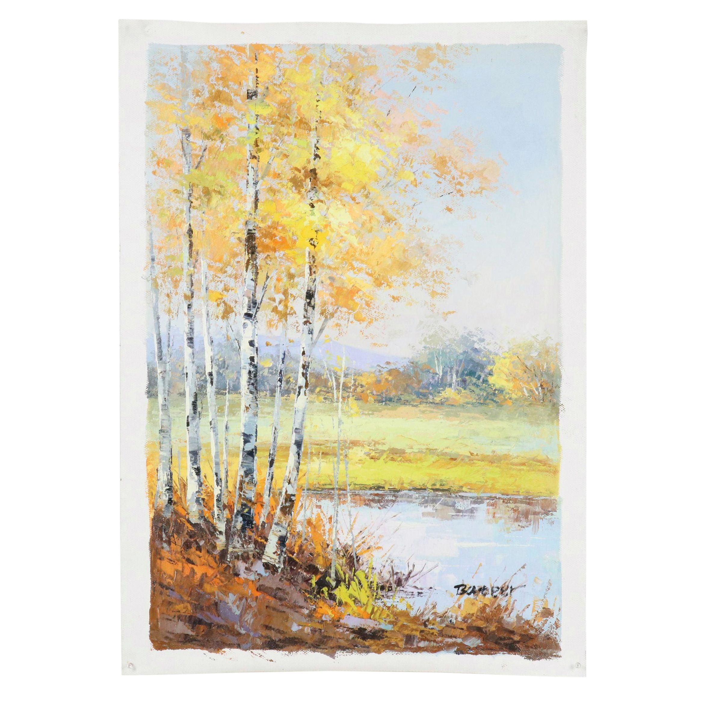 Bateer Impasto Oil Landscape Painting of Autumn Birch Trees, 21st Century
